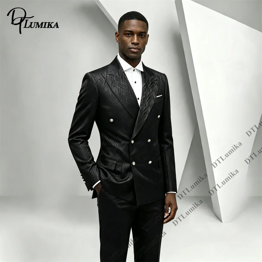 All‑over Subtle Textured Suit Set for Men, Jacquard Double Breasted Tuxedo 2 Piece Men Peak Lapel Silver Button Formal Outfit