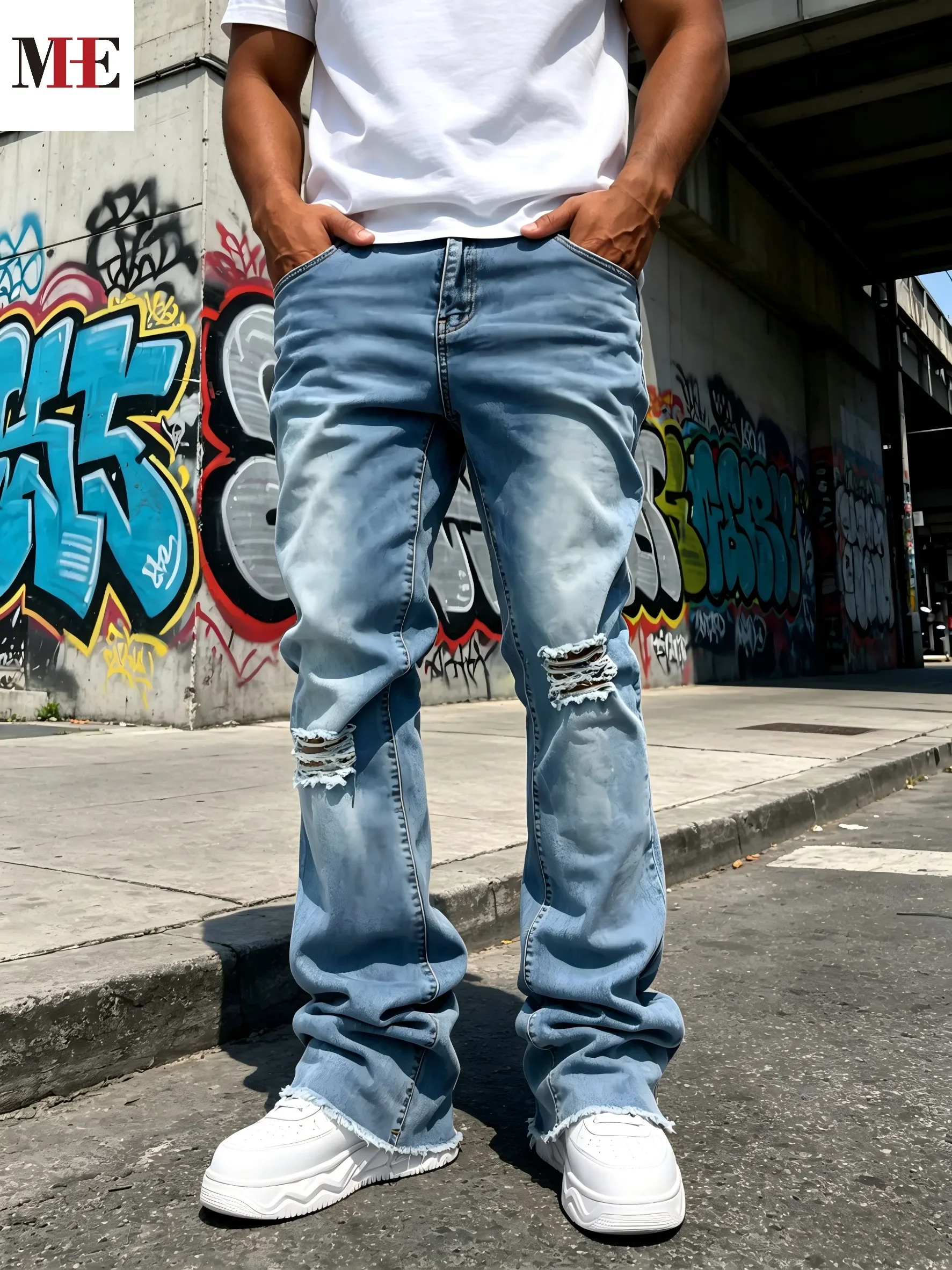 Men's Light Blue Denim Pants, Distressed Flared Jeans with Knee Rips & Frayed Hem for Streetwear