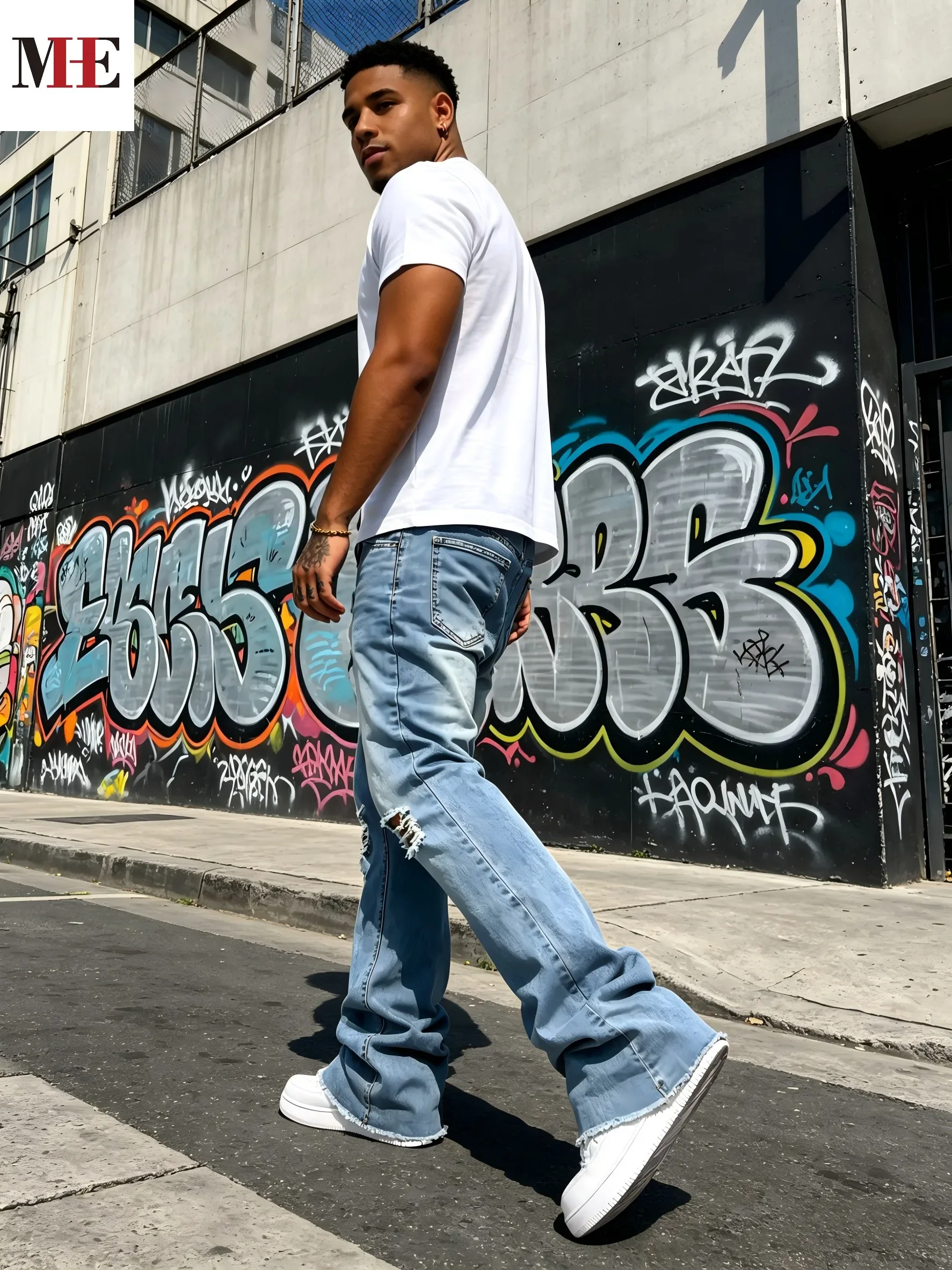 Men's Light Blue Denim Pants, Distressed Flared Jeans with Knee Rips & Frayed Hem for Streetwear