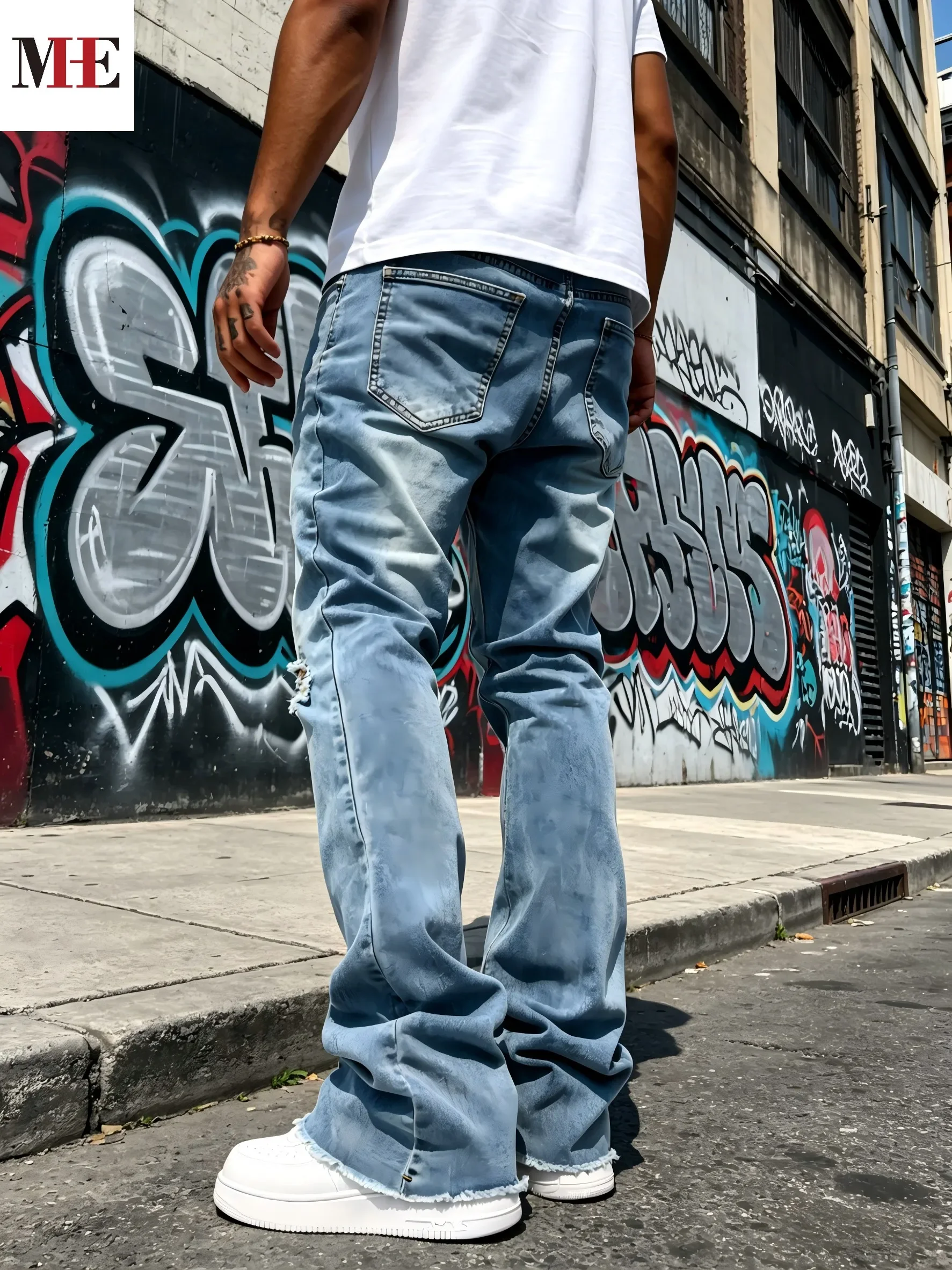 Men's Light Blue Denim Pants, Distressed Flared Jeans with Knee Rips & Frayed Hem for Streetwear