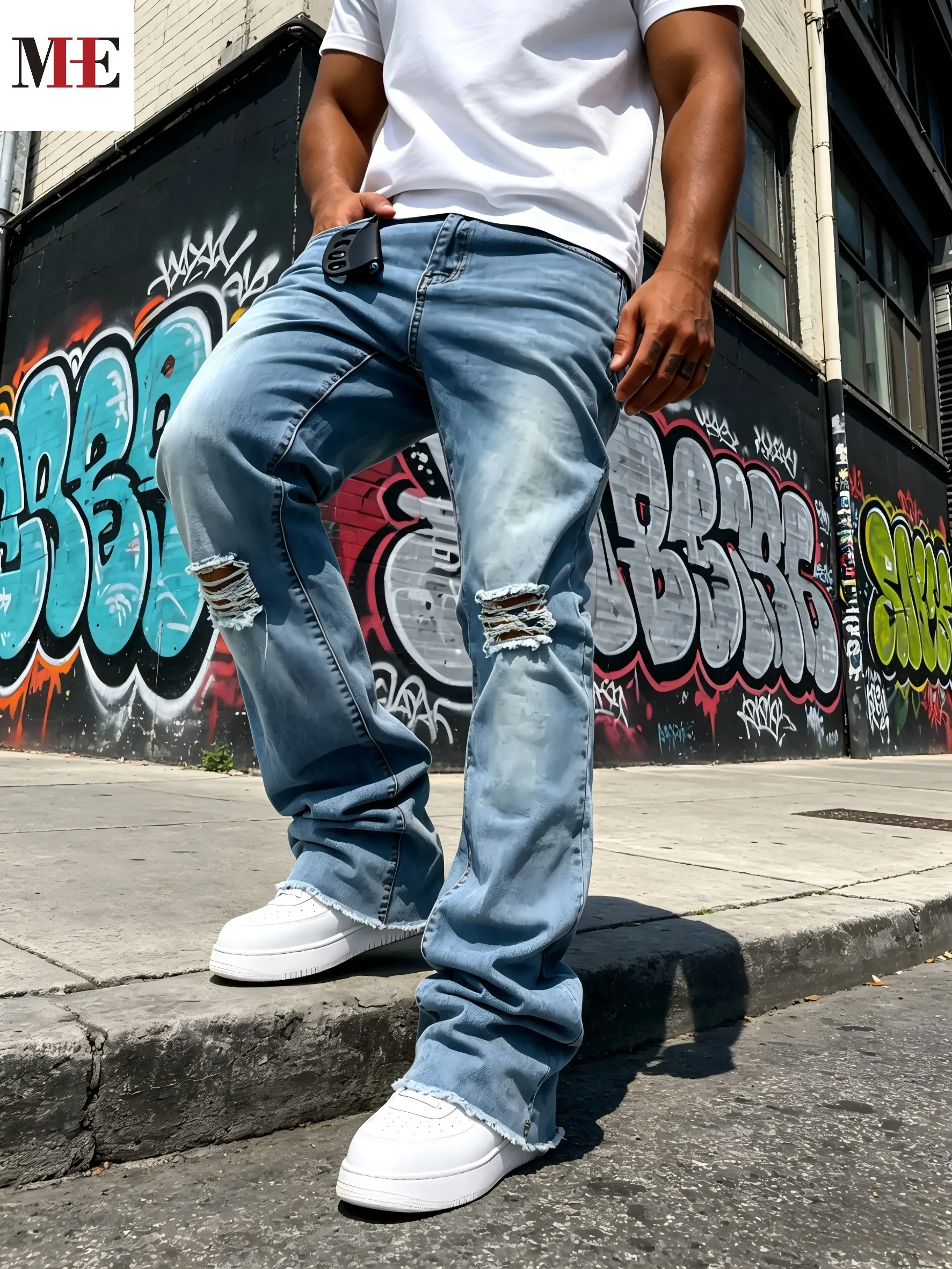 Men's Light Blue Denim Pants, Distressed Flared Jeans with Knee Rips & Frayed Hem for Streetwear