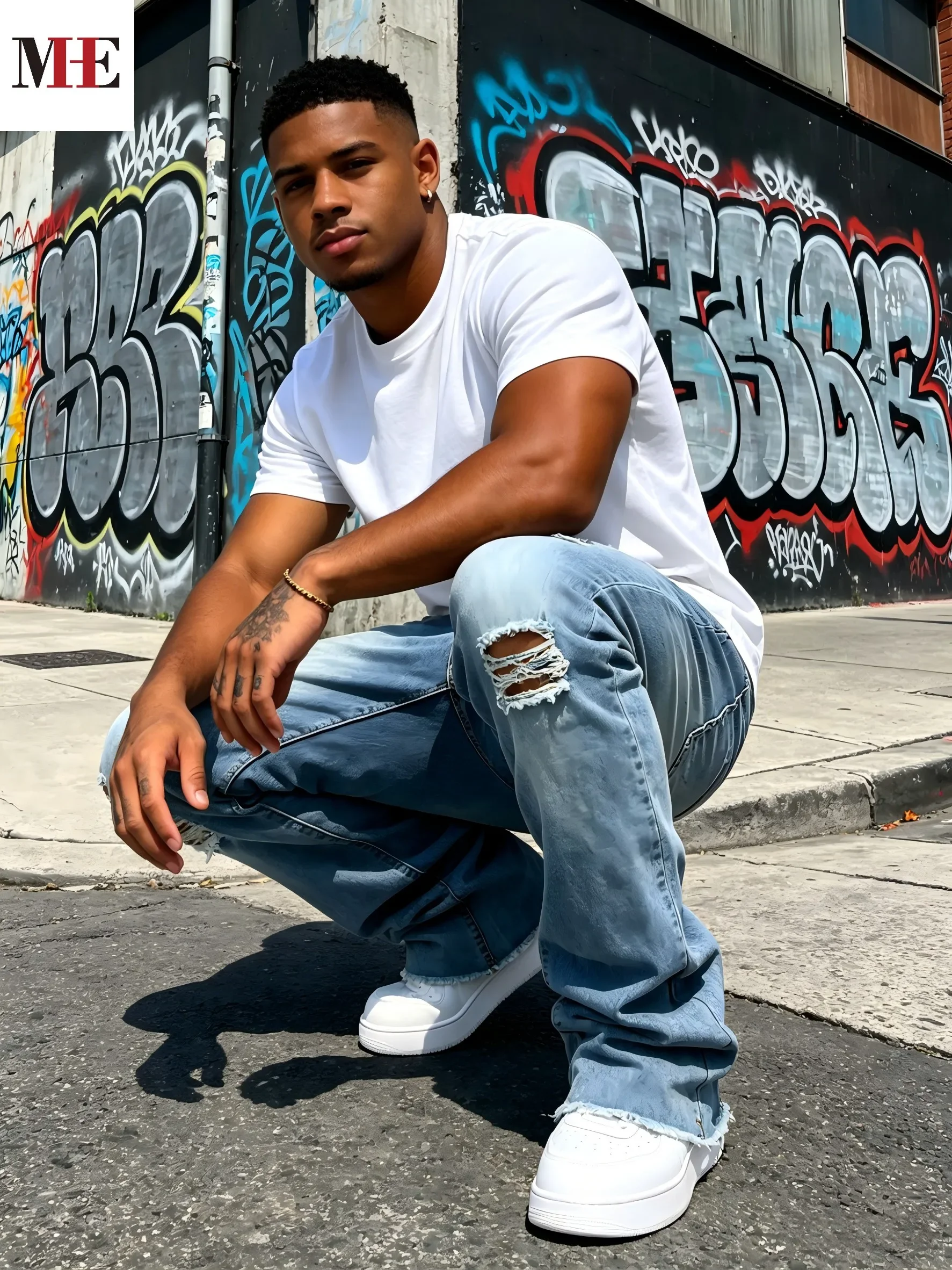 Men's Light Blue Denim Pants, Distressed Flared Jeans with Knee Rips & Frayed Hem for Streetwear