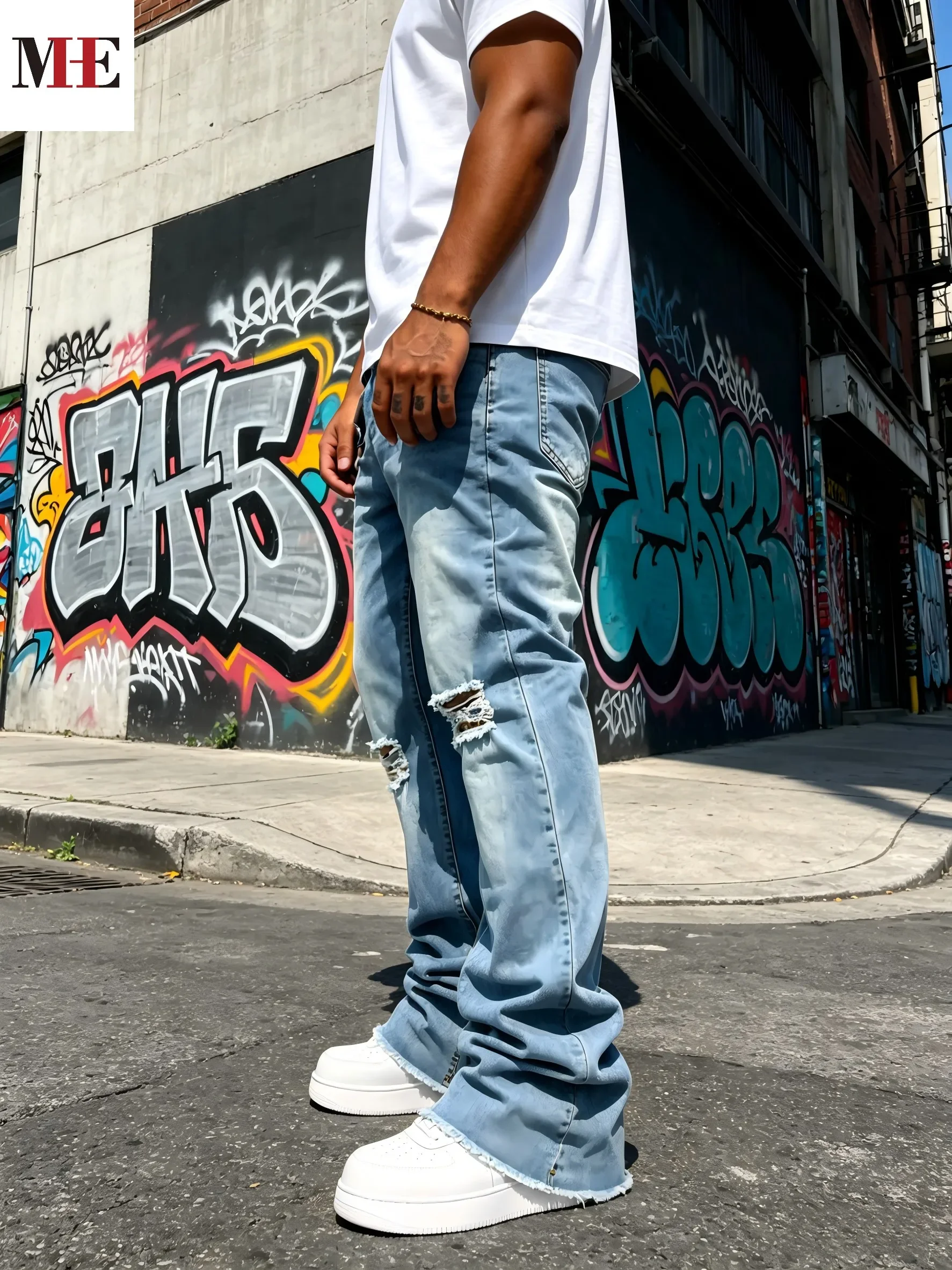Men's Light Blue Denim Pants, Distressed Flared Jeans with Knee Rips & Frayed Hem for Streetwear