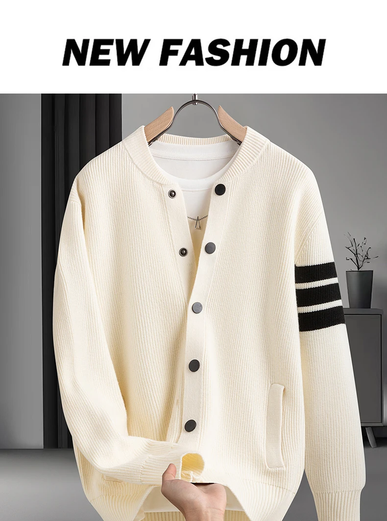 Affordable Luxury Men Long-Sleeved Sweater Jacket Round Neck Real Pocket Single-Breasted Knitwear Classic Trend Men's Clothing