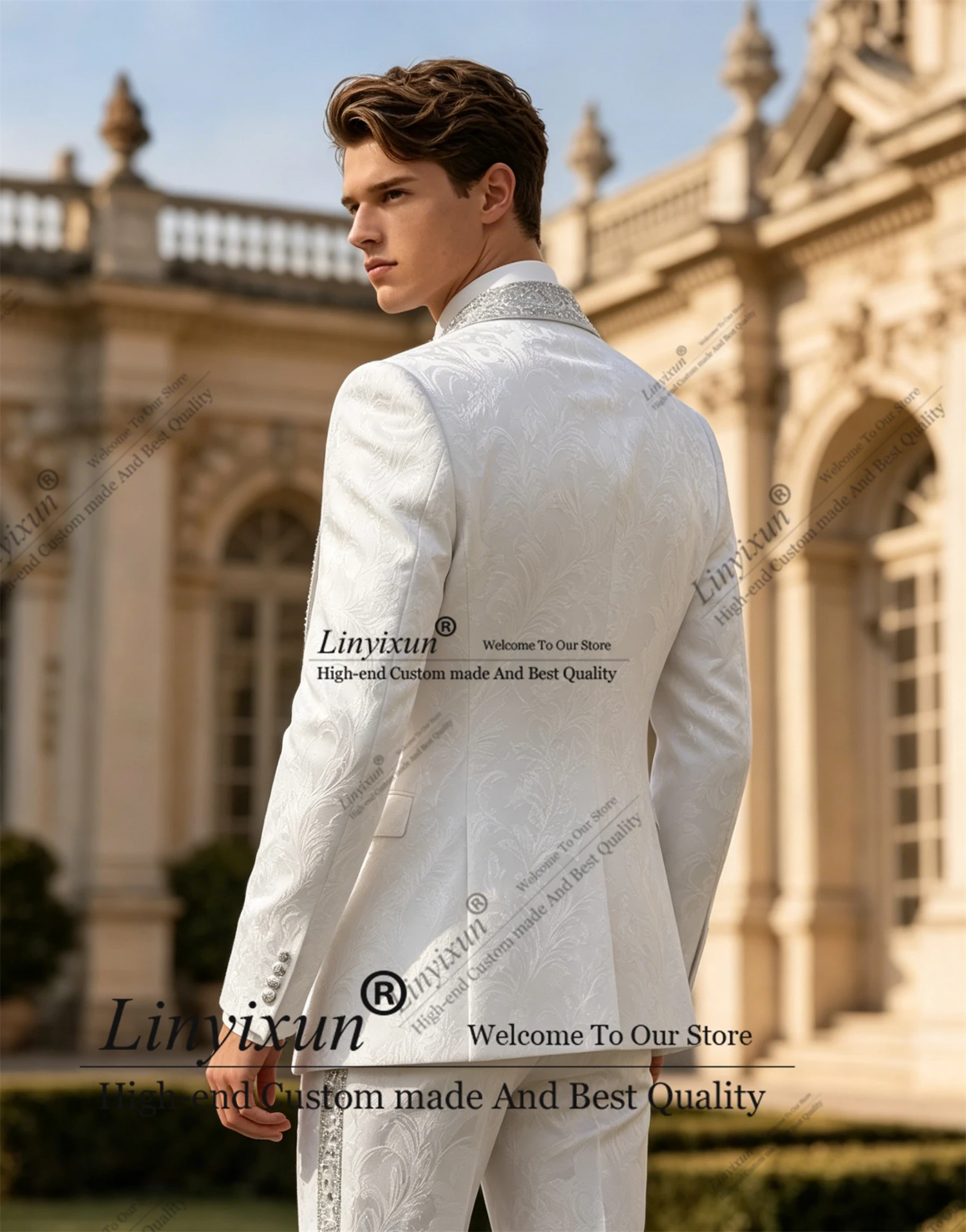 Jacquard Design Beaded Suit Men For Wedding Single Breasted Slim 3 Piece Groom Tuxedos Male Outfits Prom Blazers Customized
