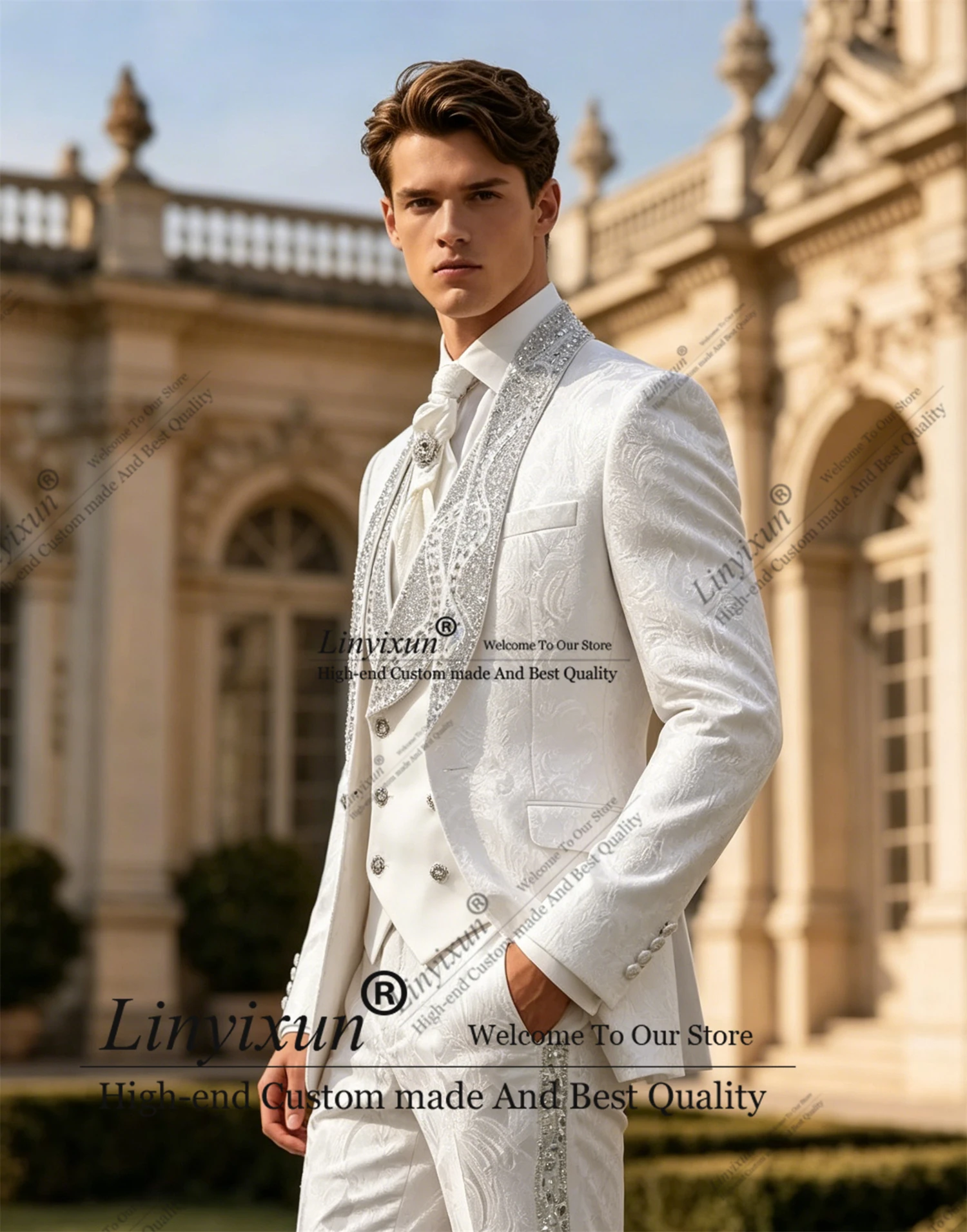 Jacquard Design Beaded Suit Men For Wedding Single Breasted Slim 3 Piece Groom Tuxedos Male Outfits Prom Blazers Customized