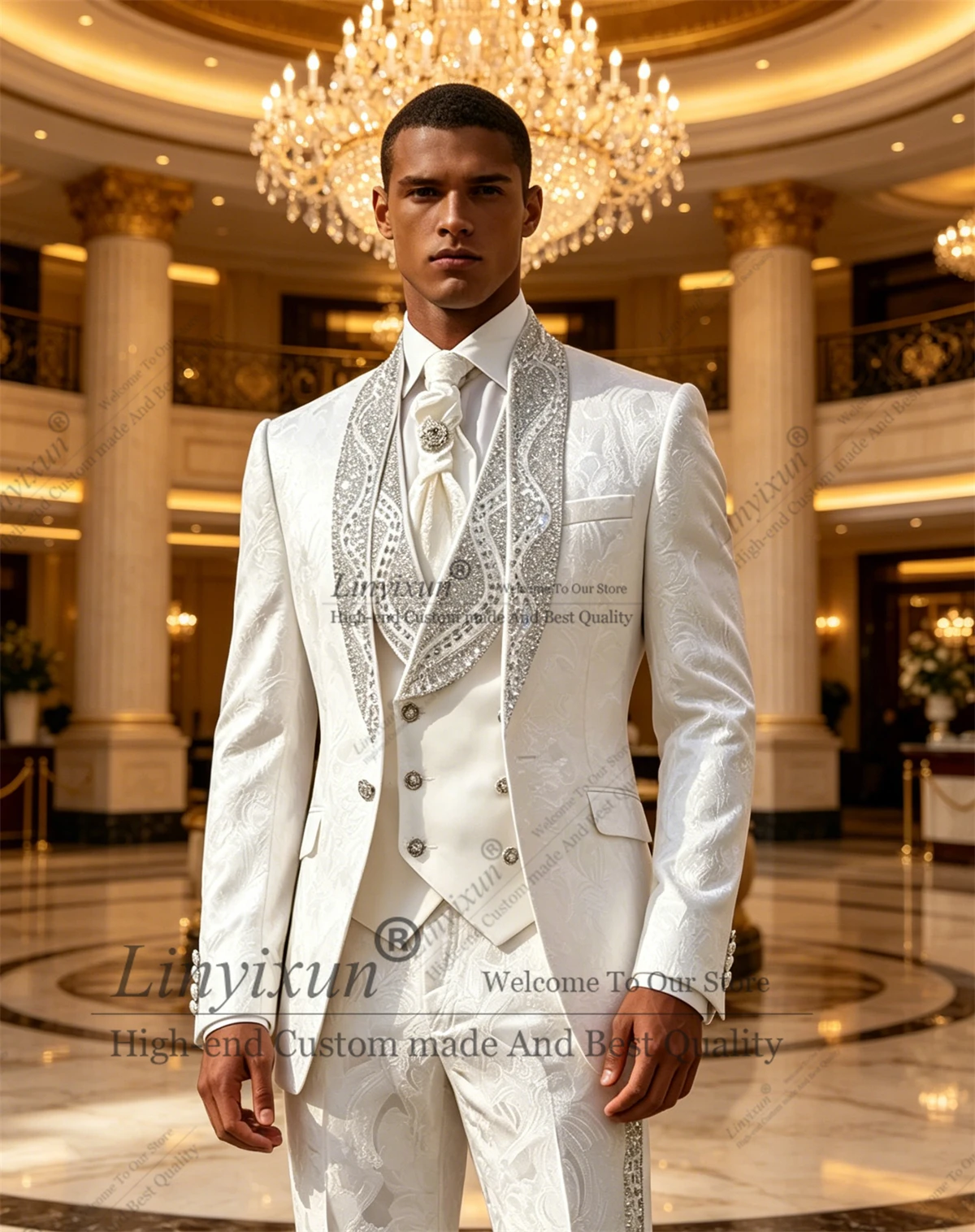 Jacquard Design Beaded Suit Men For Wedding Single Breasted Slim 3 Piece Groom Tuxedos Male Outfits Prom Blazers Customized