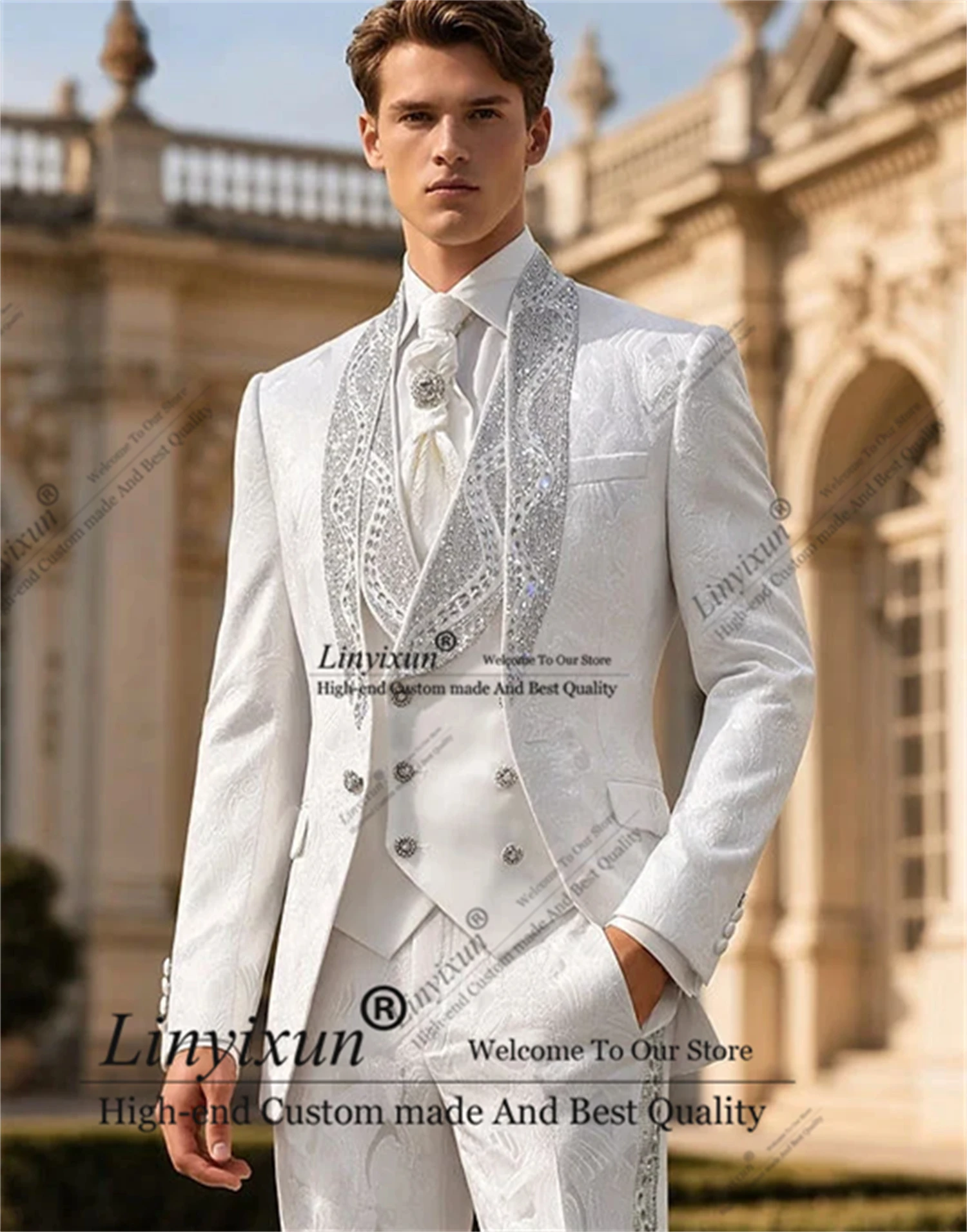Jacquard Design Beaded Suit Men For Wedding Single Breasted Slim 3 Piece Groom Tuxedos Male Outfits Prom Blazers Customized