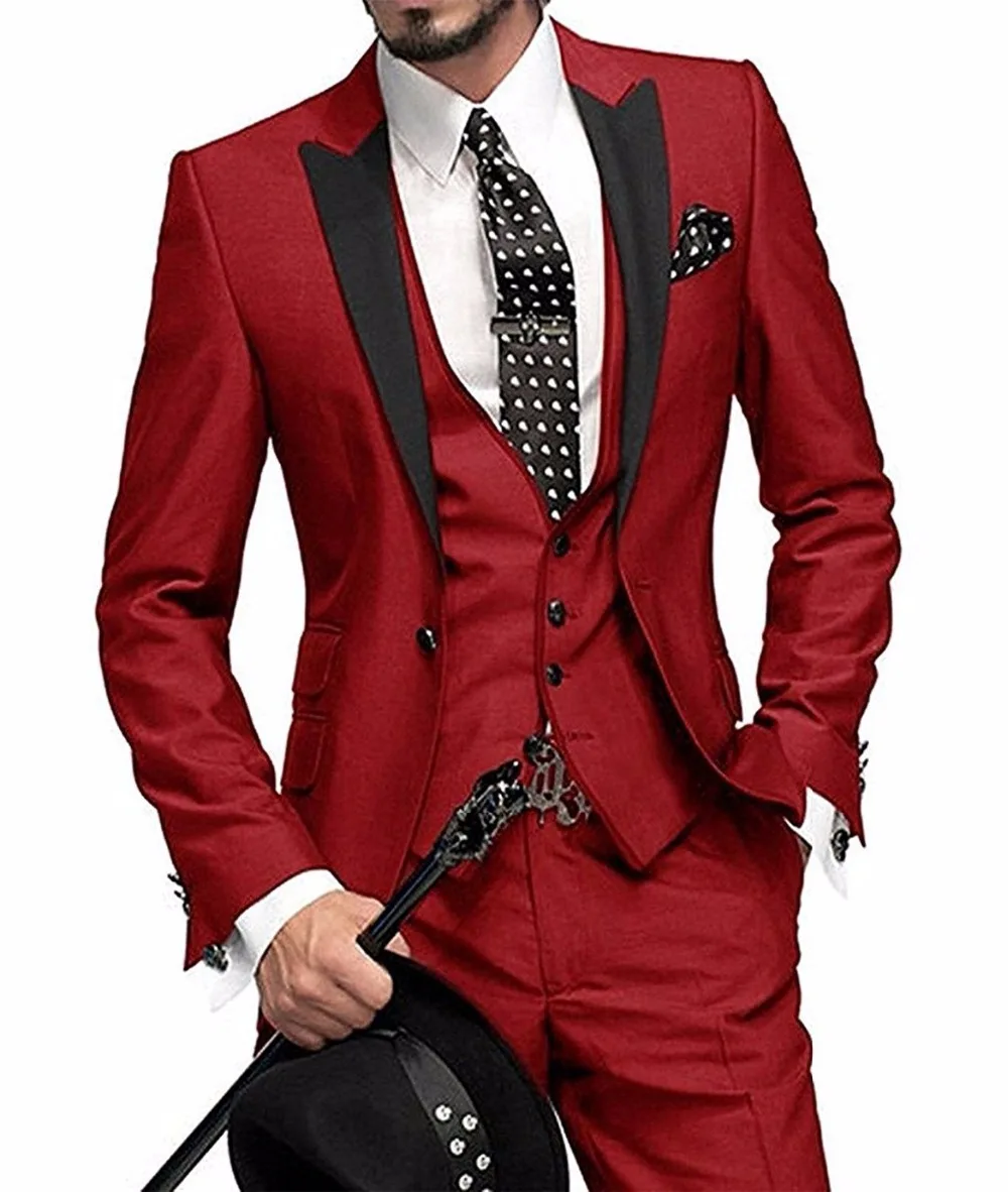 Men's Suit Slim Fit 3 Pieces Burgundy Tuxedo Gentle-Mens Wedding Suits Notch Lapel Groom Terno (Jacket+Pants+Vest)