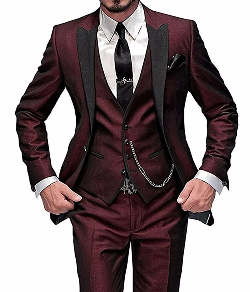Men's Suit Slim Fit 3 Pieces Burgundy Tuxedo Gentle-Mens Wedding Suits Notch Lapel Groom Terno (Jacket+Pants+Vest)