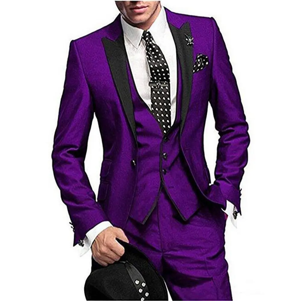 Men's Suit Slim Fit 3 Pieces Burgundy Tuxedo Gentle-Mens Wedding Suits Notch Lapel Groom Terno (Jacket+Pants+Vest)