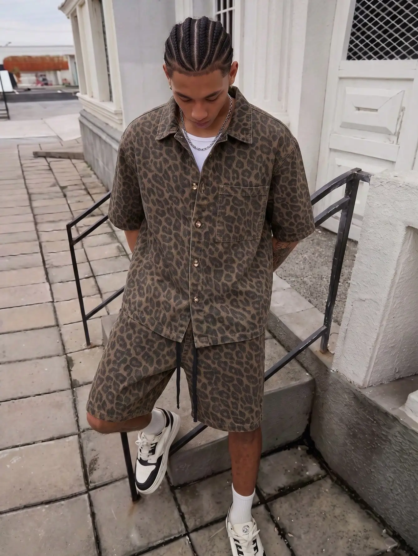Men's Vintage Brown Leopard Print 2-Piece Set: Short Sleeve Collared Shirt & Drawstring Shorts Streetwear Matching Outfit