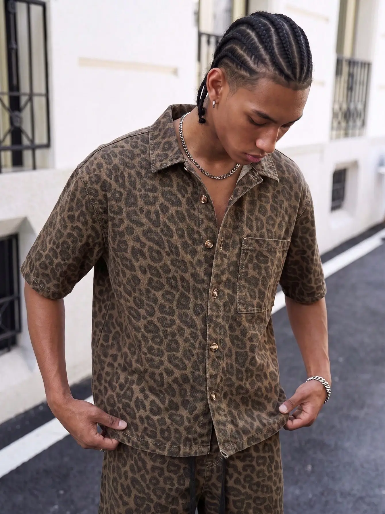 Men's Vintage Brown Leopard Print 2-Piece Set: Short Sleeve Collared Shirt & Drawstring Shorts Streetwear Matching Outfit
