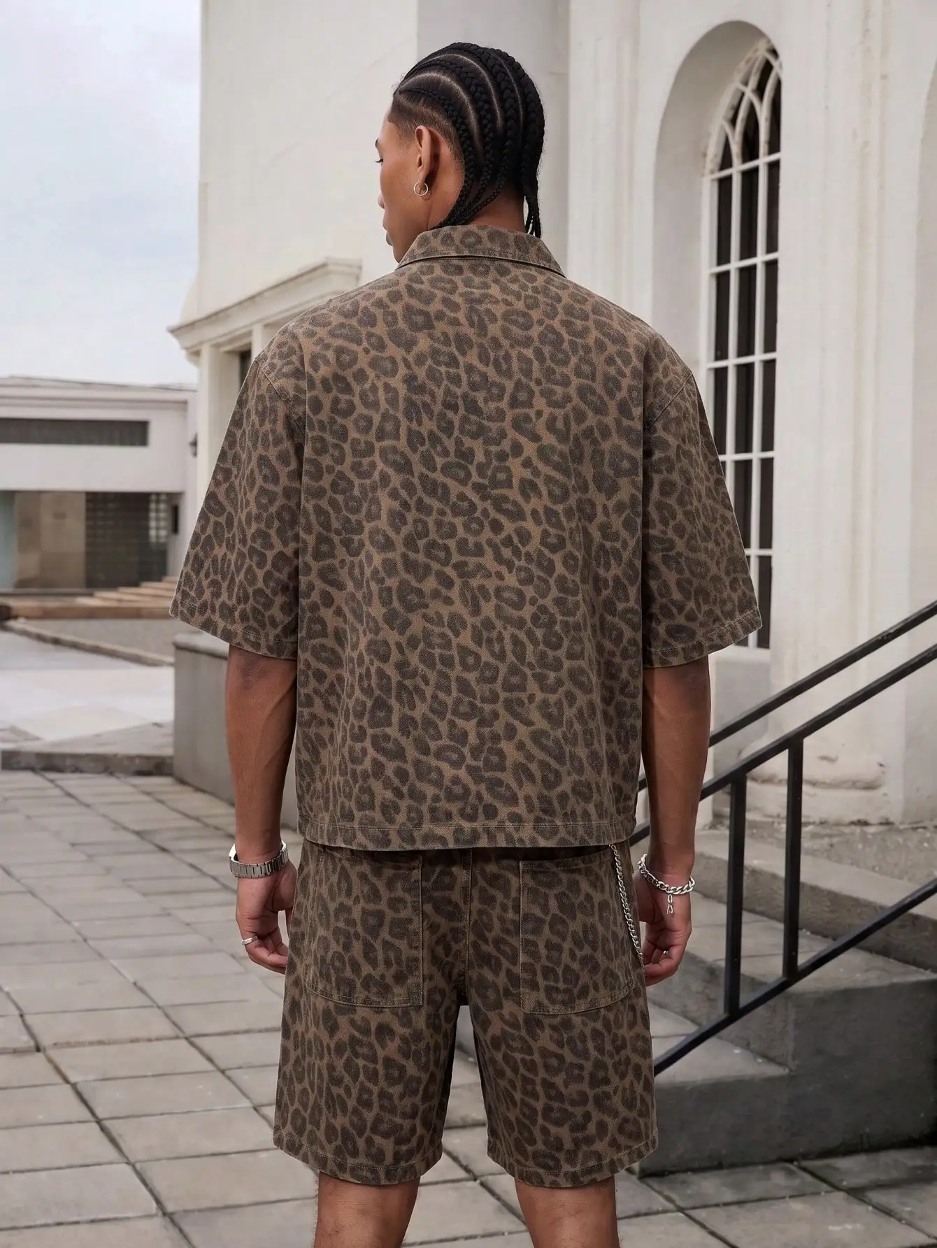 Men's Vintage Brown Leopard Print 2-Piece Set: Short Sleeve Collared Shirt & Drawstring Shorts Streetwear Matching Outfit