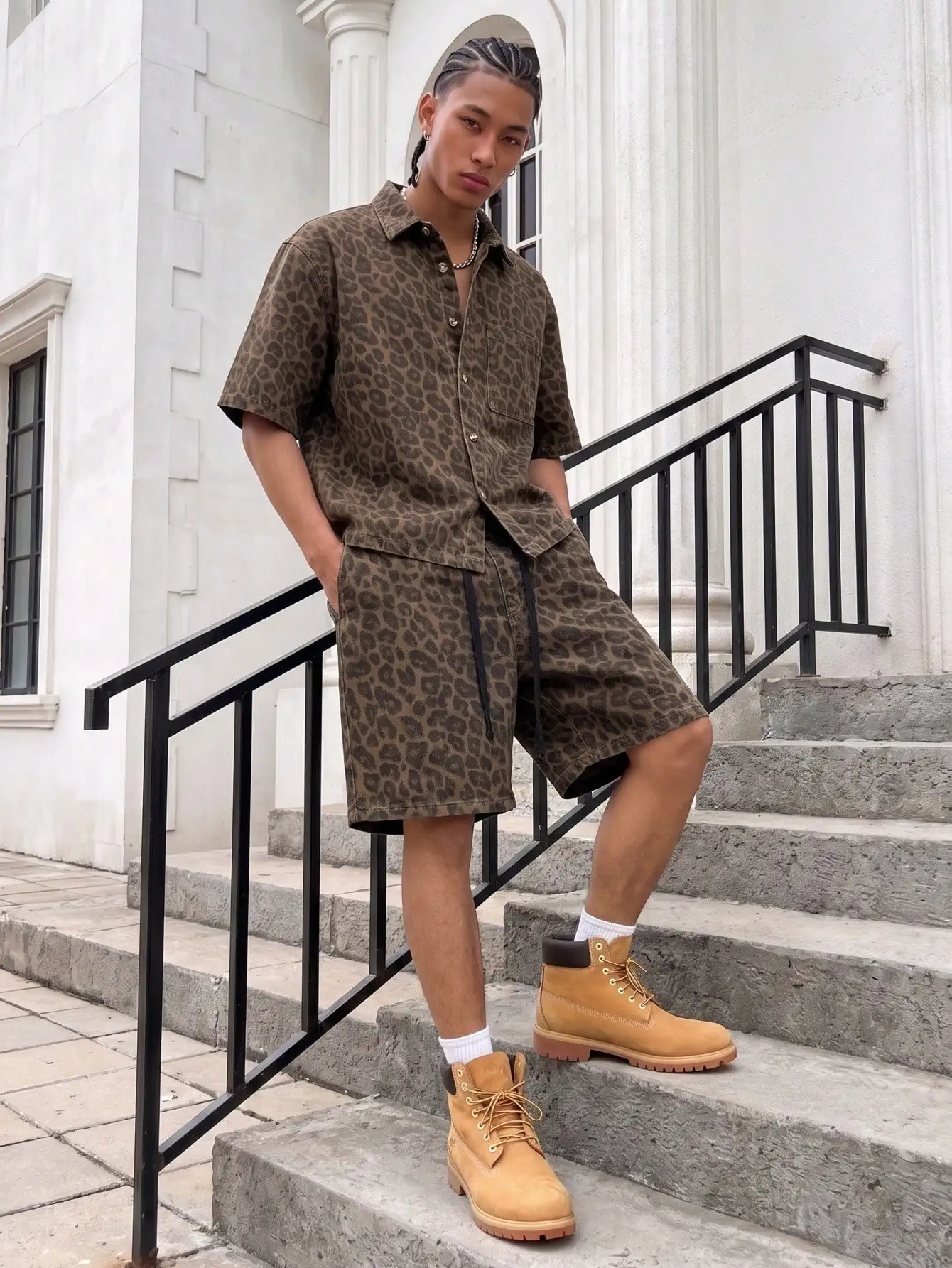 Men's Vintage Brown Leopard Print 2-Piece Set: Short Sleeve Collared Shirt & Drawstring Shorts Streetwear Matching Outfit