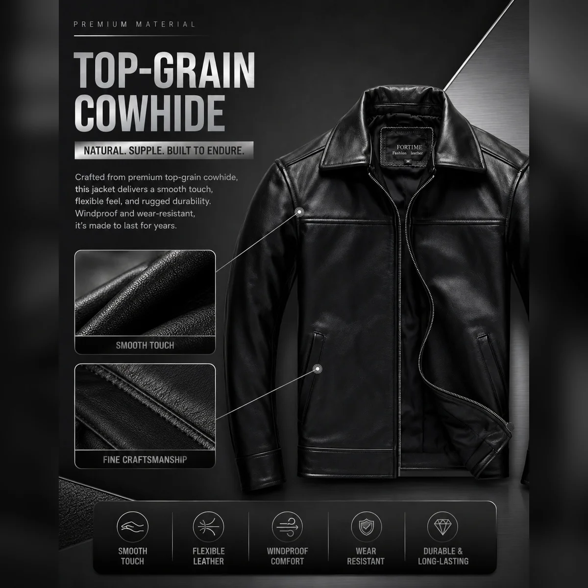Men's Genuine Cowhide Leather Jacket Black Lapel Biker Coat Slim Fit Wind Proof Motorcycle Zip Up Casual Autumn Winter Outerwear