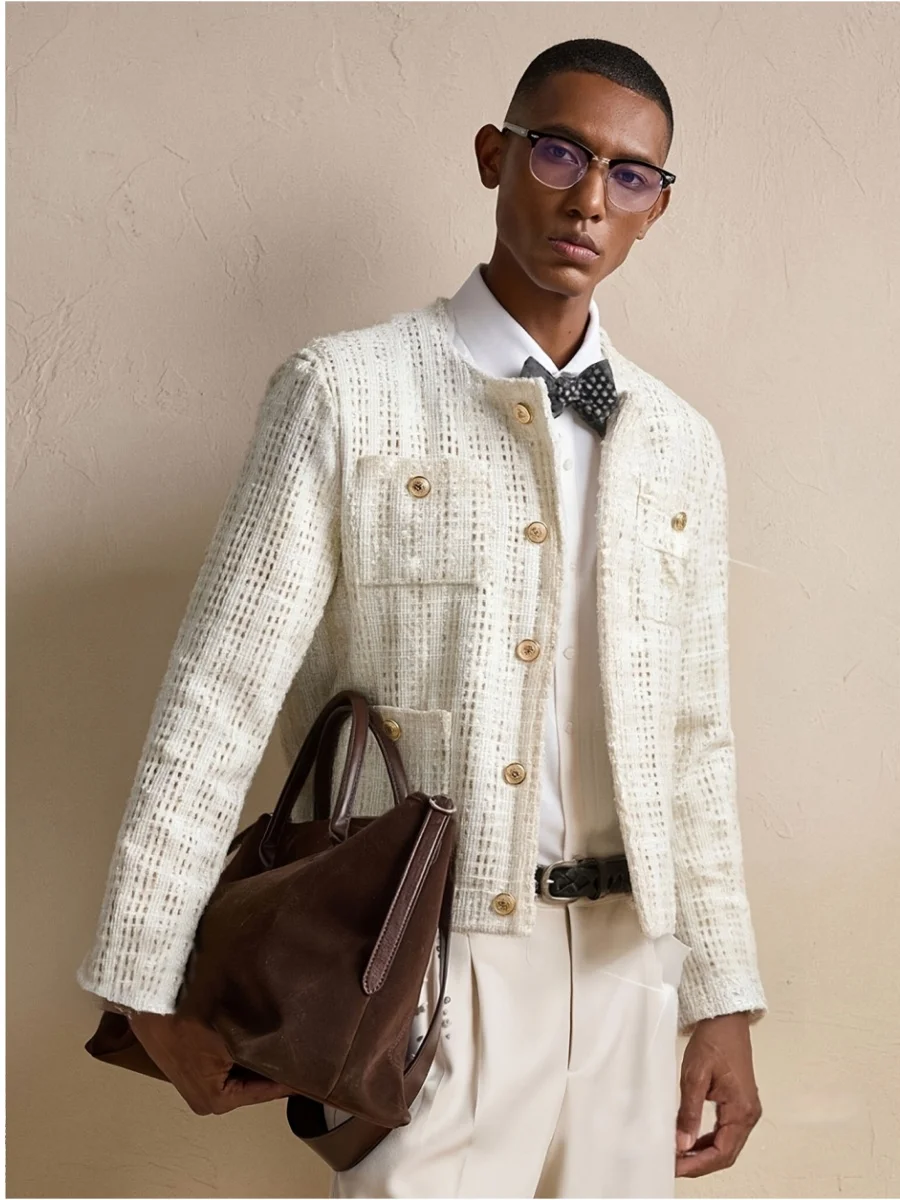 2026 New Men's Tweed Style Jacket, Cool Casual Outfit, Korean-style Light Luxury Short Shoulder-Padded Coat for Spring & Autumn