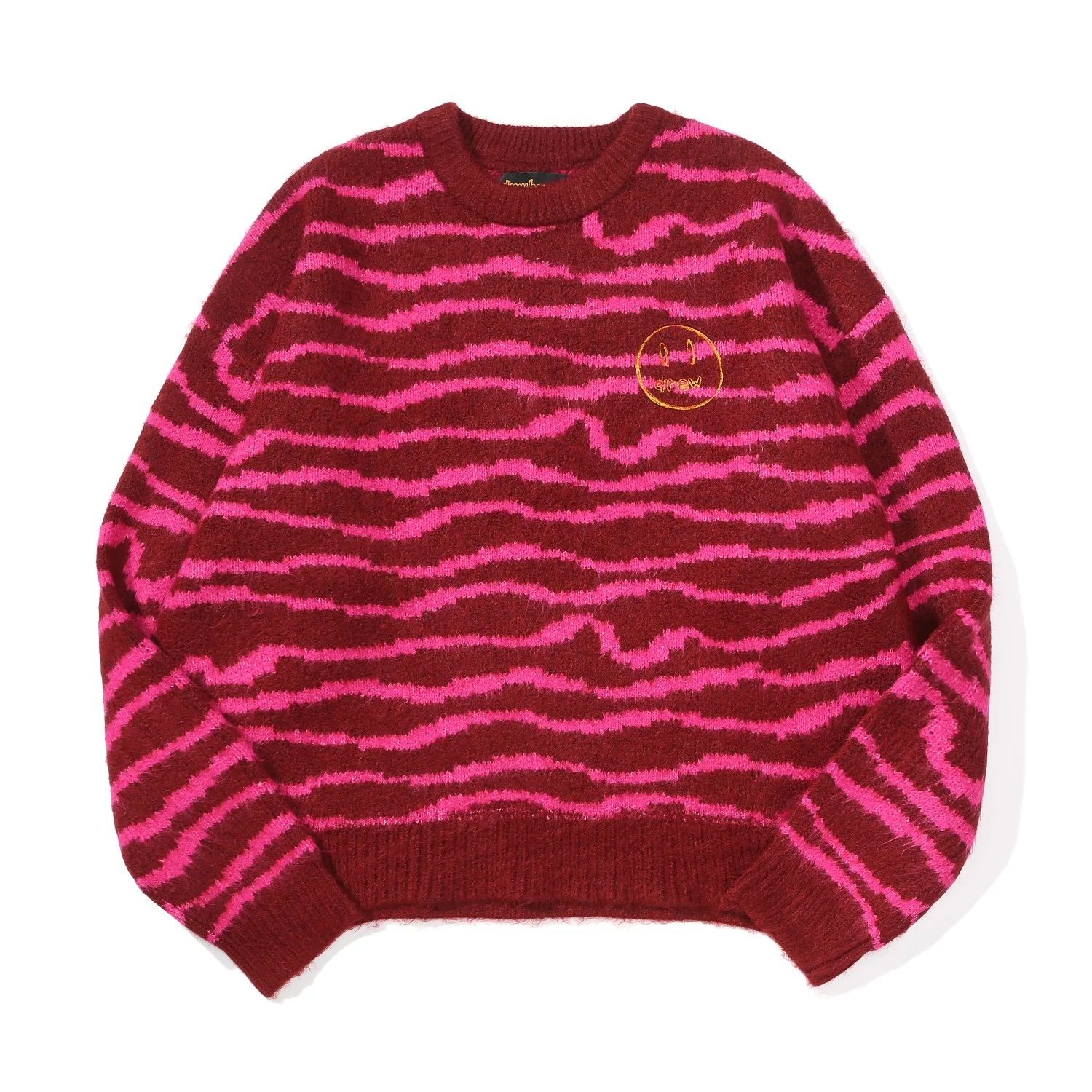 Drew House Tiger Stripe Knit Sweater Men Women Pink Striped Crew Neck Jumper Classic Smiley Embroidery Oversized Street