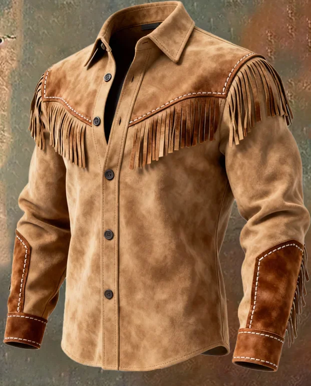 Cowboy Tee Shirts For Men Fashion Vintage Suede Fringe Jacket Long Sleeve Button Design Casual Party Wear Popular Tops For Man