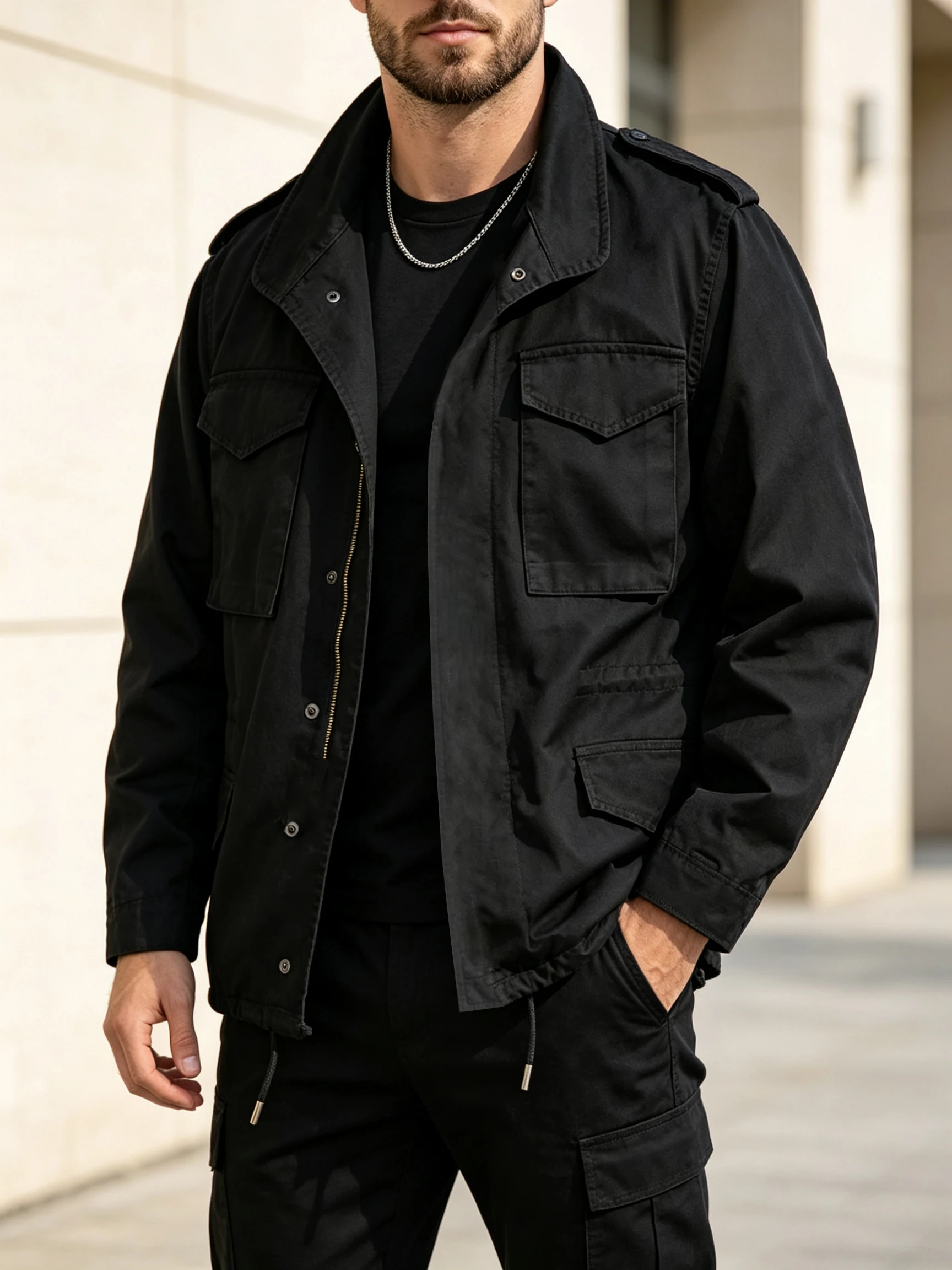M65 Field Jacket, Men's Military Jacket, Retro Multi Pocket Collar Zipper Jacket, 100% Cotton