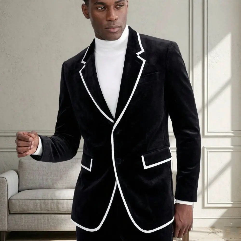 Velvet Men Suits for Prom with Piping 2 Pieces Single Breasted Tuxedo Groom Custom Made Flap Pockets for Wedding Gala Occasions
