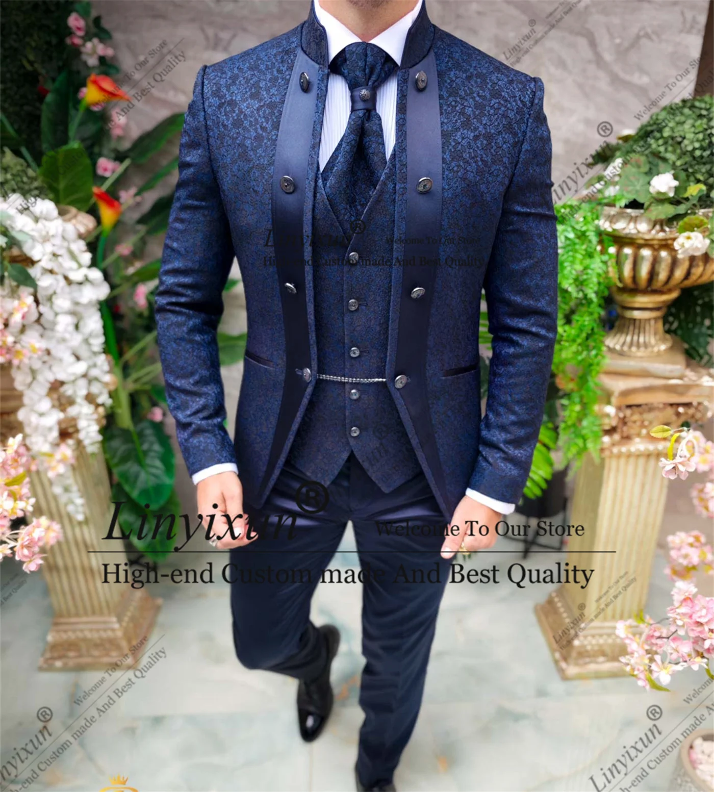 Elegance Jacquard Wedding Suits For Men Tuxedo 3 Pieces Male Groom Prom Blazers Stand Collar Customized Costume Homme Marrige