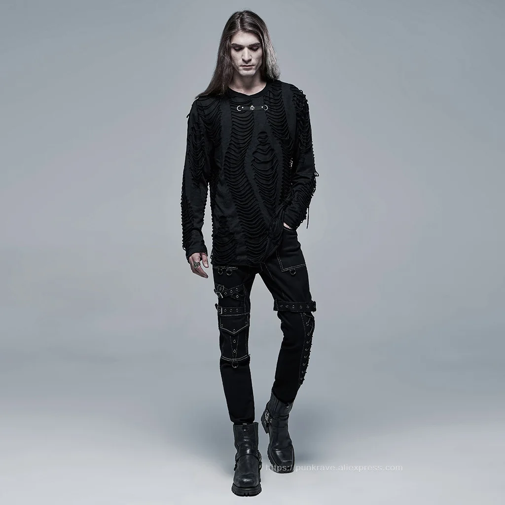 PUNK RAVE Men's Gothic Knitted Burnt Loose Broken Personality Black T-shirt Punk Cool Casual Street Tops Tees Streetwear
