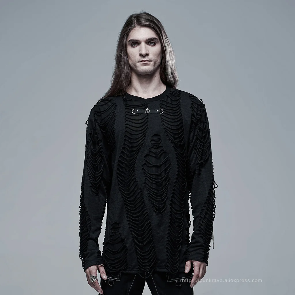 PUNK RAVE Men's Gothic Knitted Burnt Loose Broken Personality Black T-shirt Punk Cool Casual Street Tops Tees Streetwear