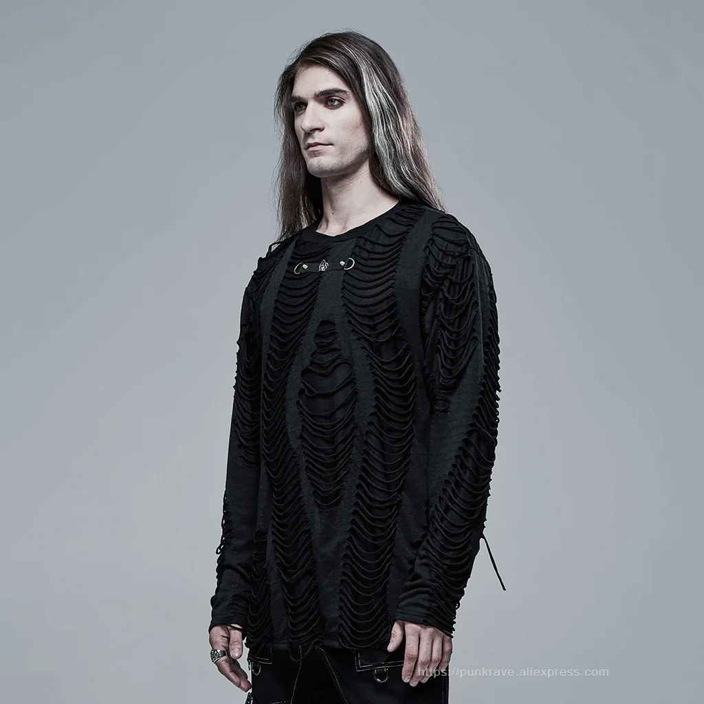 PUNK RAVE Men's Gothic Knitted Burnt Loose Broken Personality Black T-shirt Punk Cool Casual Street Tops Tees Streetwear
