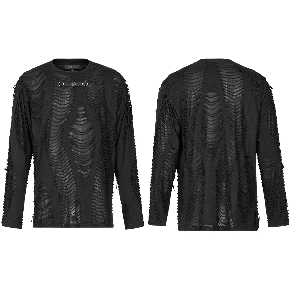 PUNK RAVE Men's Gothic Knitted Burnt Loose Broken Personality Black T-shirt Punk Cool Casual Street Tops Tees Streetwear
