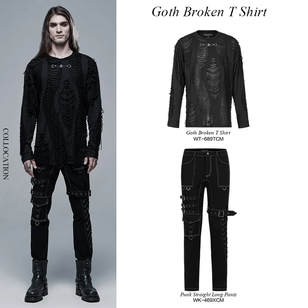 PUNK RAVE Men's Gothic Knitted Burnt Loose Broken Personality Black T-shirt Punk Cool Casual Street Tops Tees Streetwear