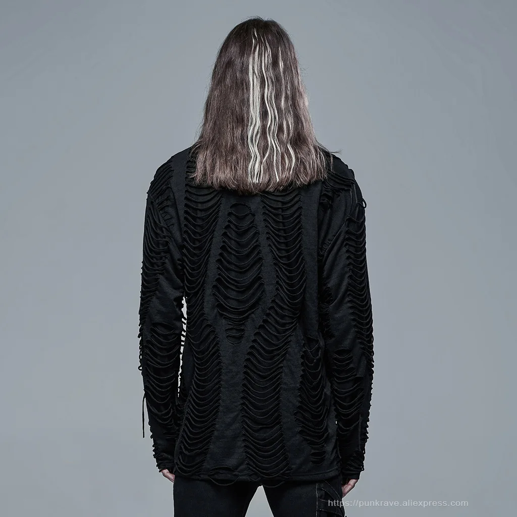 PUNK RAVE Men's Gothic Knitted Burnt Loose Broken Personality Black T-shirt Punk Cool Casual Street Tops Tees Streetwear
