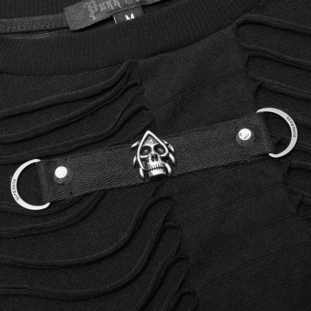 PUNK RAVE Men's Gothic Knitted Burnt Loose Broken Personality Black T-shirt Punk Cool Casual Street Tops Tees Streetwear