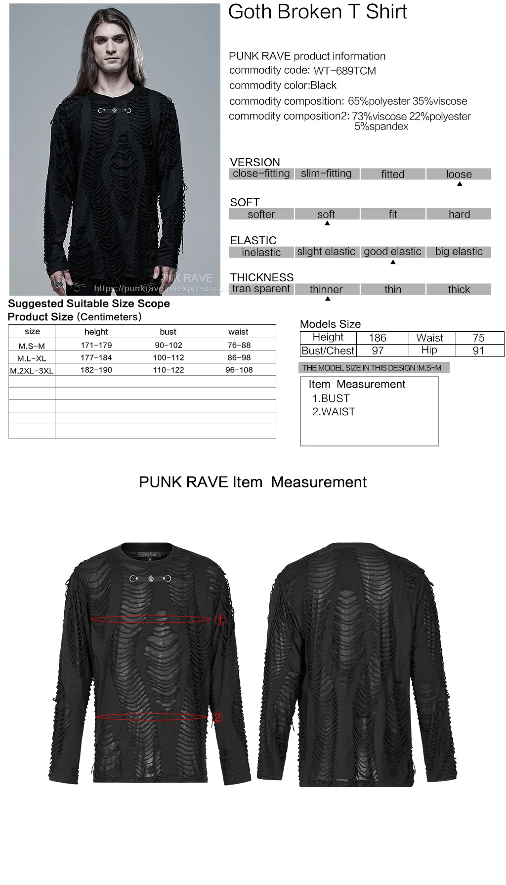 PUNK RAVE Men's Gothic Knitted Burnt Loose Broken Personality Black T-shirt Punk Cool Casual Street Tops Tees Streetwear