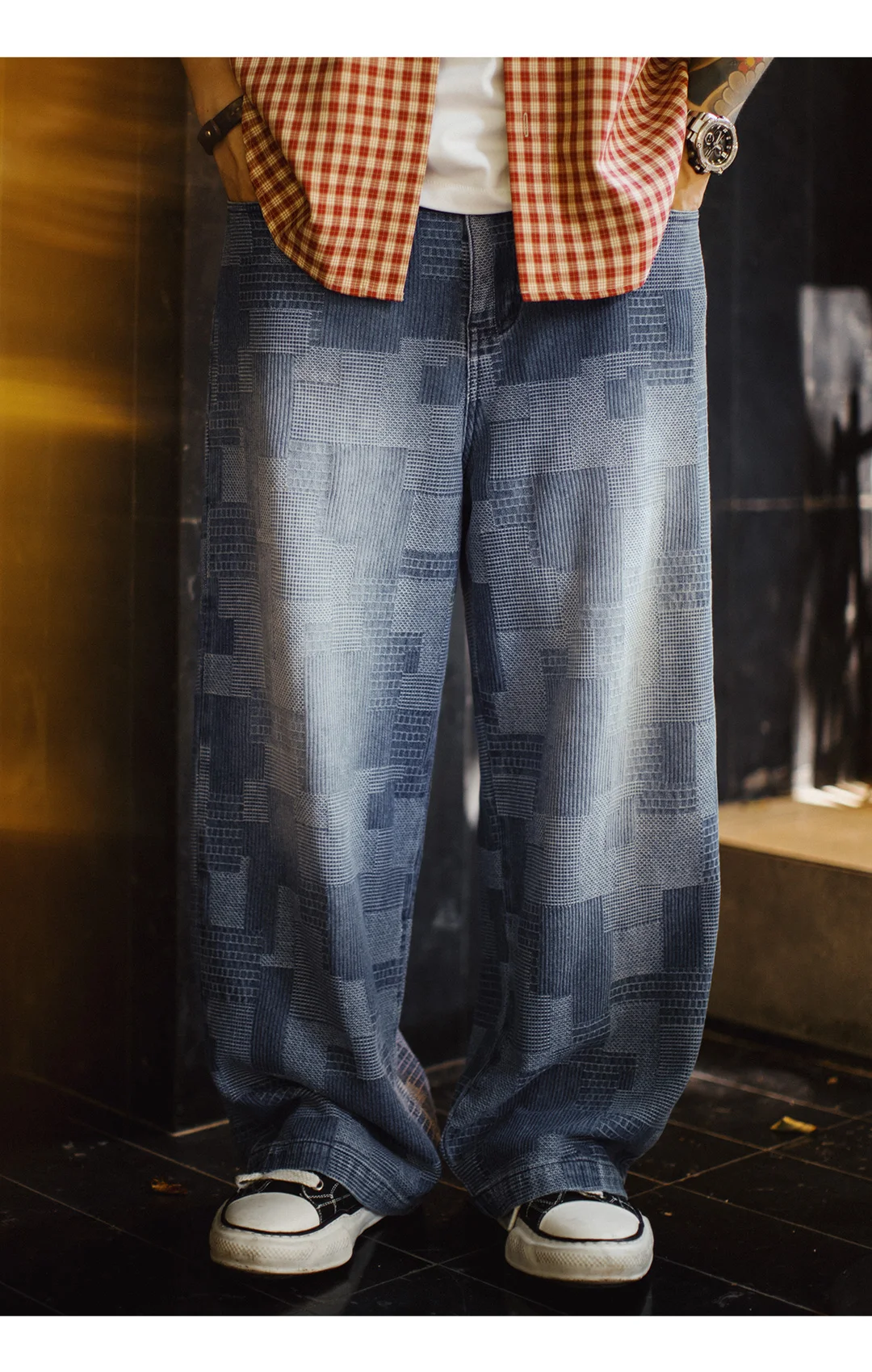 Maden Men's Vintage Boro Jacquard Washed Denim Jeans Baggy Pants Harajuku Wide Leg Loose Patchwork Long Pants Casual Men Autumn
