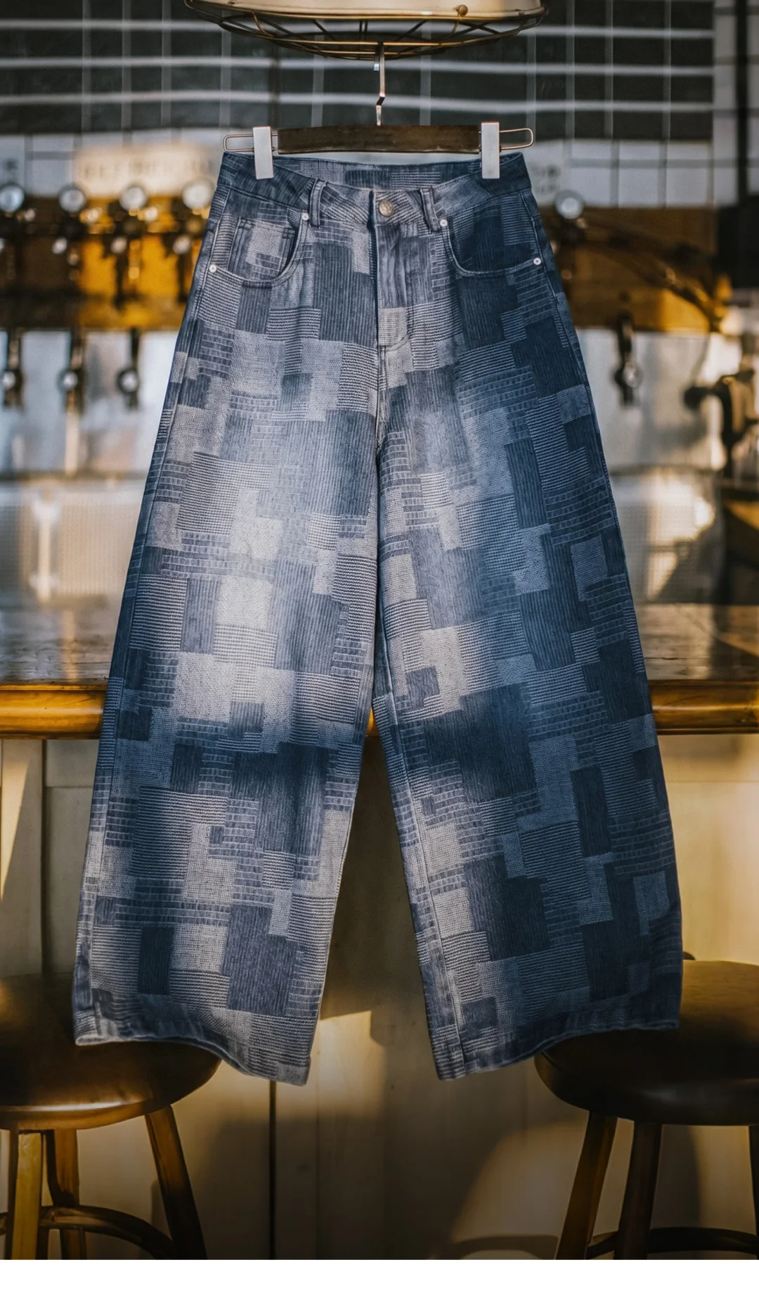 Maden Men's Vintage Boro Jacquard Washed Denim Jeans Baggy Pants Harajuku Wide Leg Loose Patchwork Long Pants Casual Men Autumn