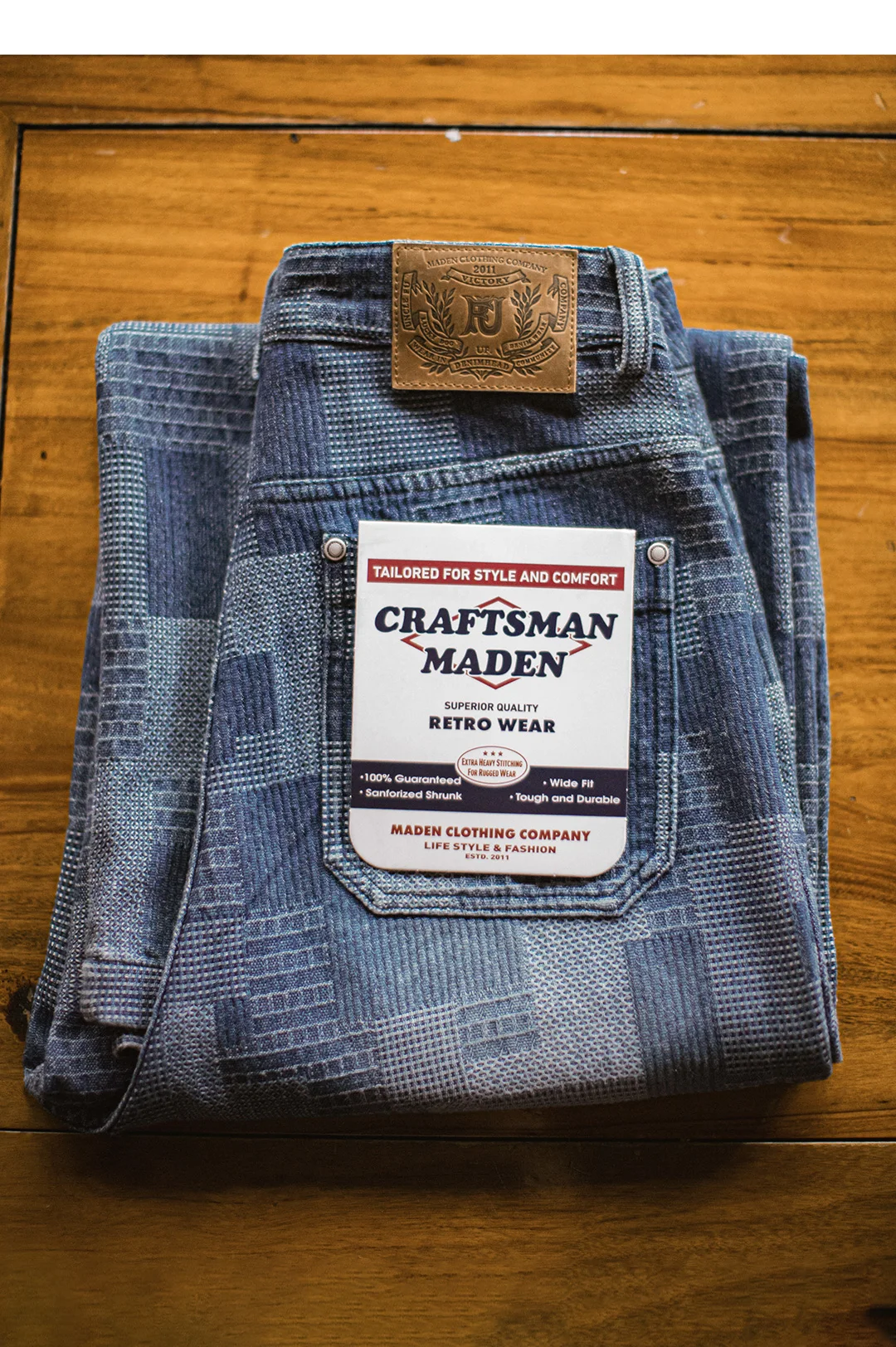 Maden Men's Vintage Boro Jacquard Washed Denim Jeans Baggy Pants Harajuku Wide Leg Loose Patchwork Long Pants Casual Men Autumn