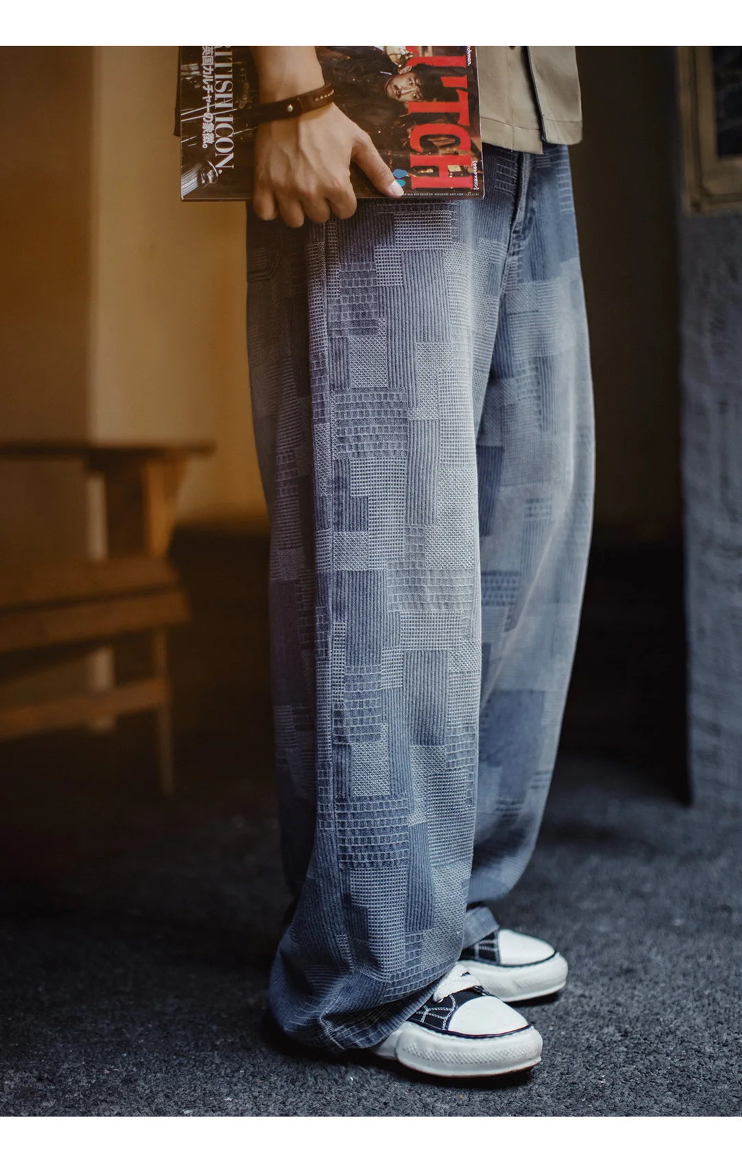 Maden Men's Vintage Boro Jacquard Washed Denim Jeans Baggy Pants Harajuku Wide Leg Loose Patchwork Long Pants Casual Men Autumn