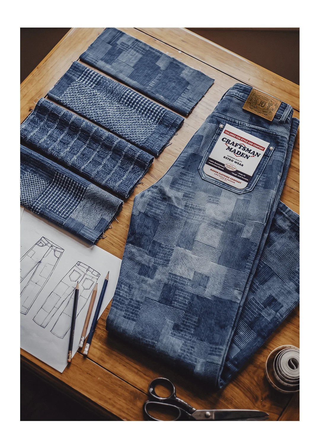 Maden Men's Vintage Boro Jacquard Washed Denim Jeans Baggy Pants Harajuku Wide Leg Loose Patchwork Long Pants Casual Men Autumn