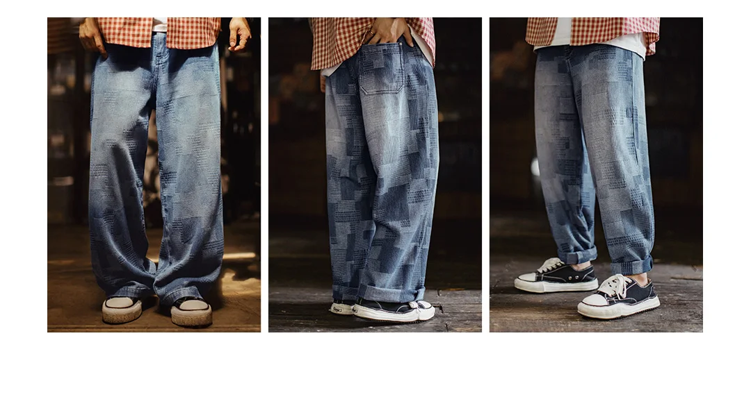 Maden Men's Vintage Boro Jacquard Washed Denim Jeans Baggy Pants Harajuku Wide Leg Loose Patchwork Long Pants Casual Men Autumn