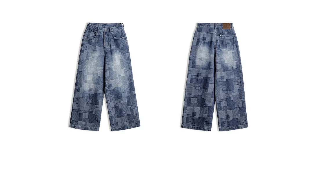 Maden Men's Vintage Boro Jacquard Washed Denim Jeans Baggy Pants Harajuku Wide Leg Loose Patchwork Long Pants Casual Men Autumn