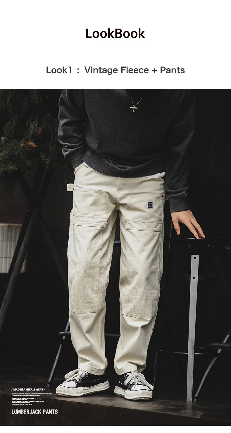 Maden Workwear American Retro Distressed Loose Off White Jeans Washed Straight Multi Pocket Woodcutter Pants Men