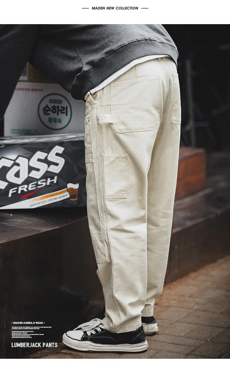 Maden Workwear American Retro Distressed Loose Off White Jeans Washed Straight Multi Pocket Woodcutter Pants Men