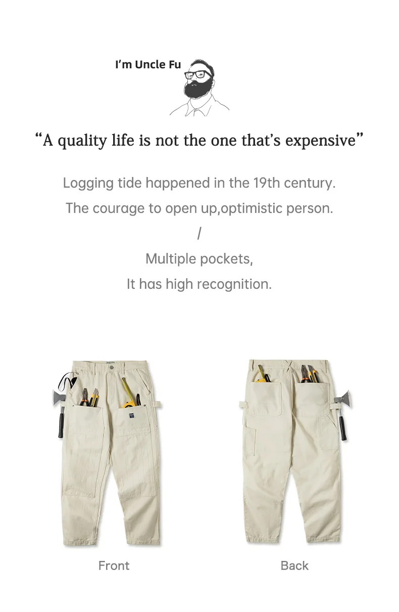 Maden Workwear American Retro Distressed Loose Off White Jeans Washed Straight Multi Pocket Woodcutter Pants Men