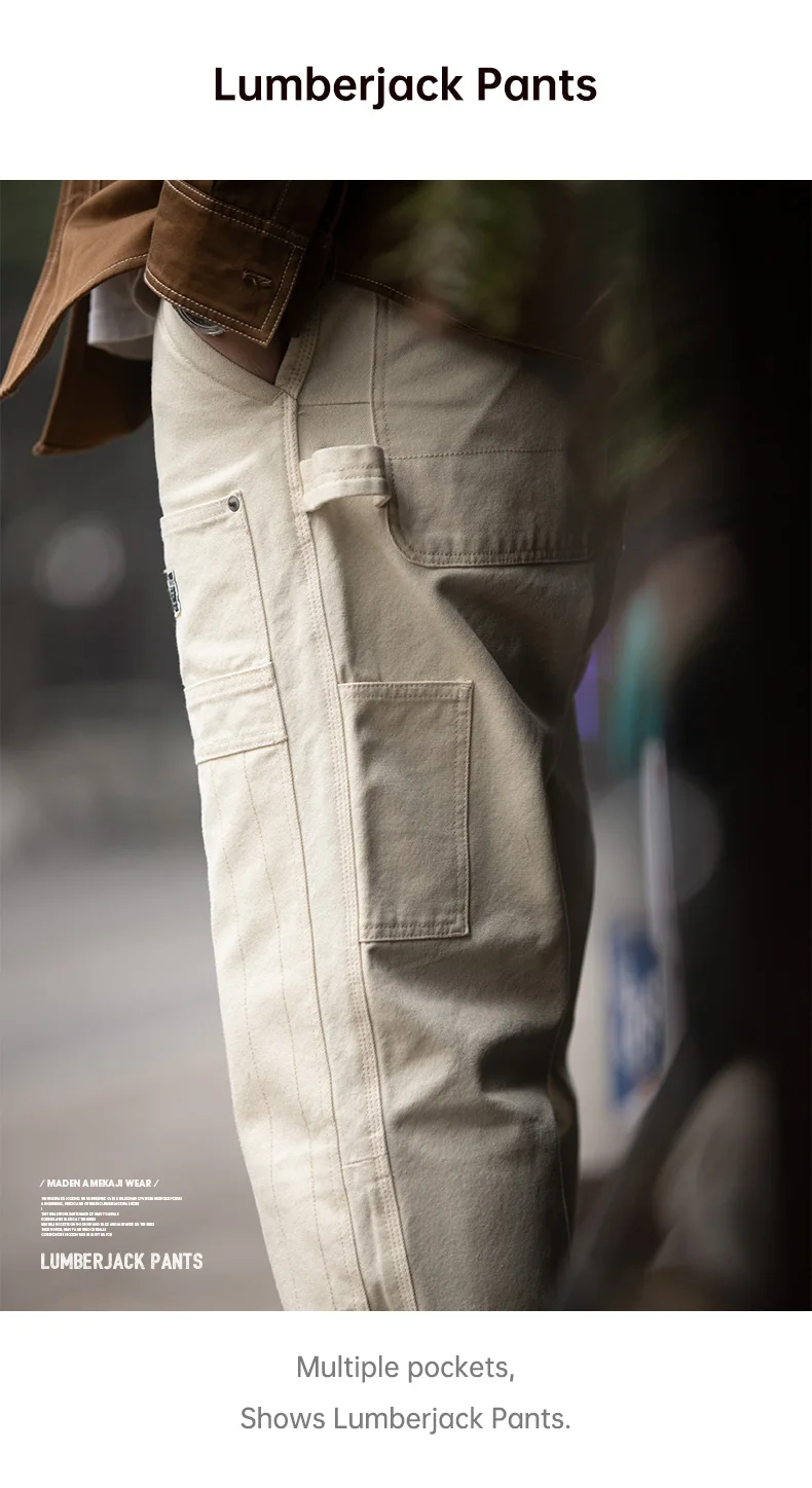 Maden Workwear American Retro Distressed Loose Off White Jeans Washed Straight Multi Pocket Woodcutter Pants Men