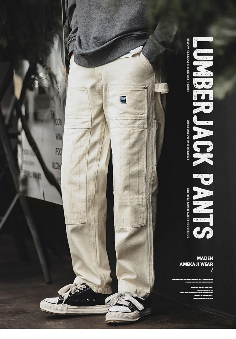 Maden Workwear American Retro Distressed Loose Off White Jeans Washed Straight Multi Pocket Woodcutter Pants Men