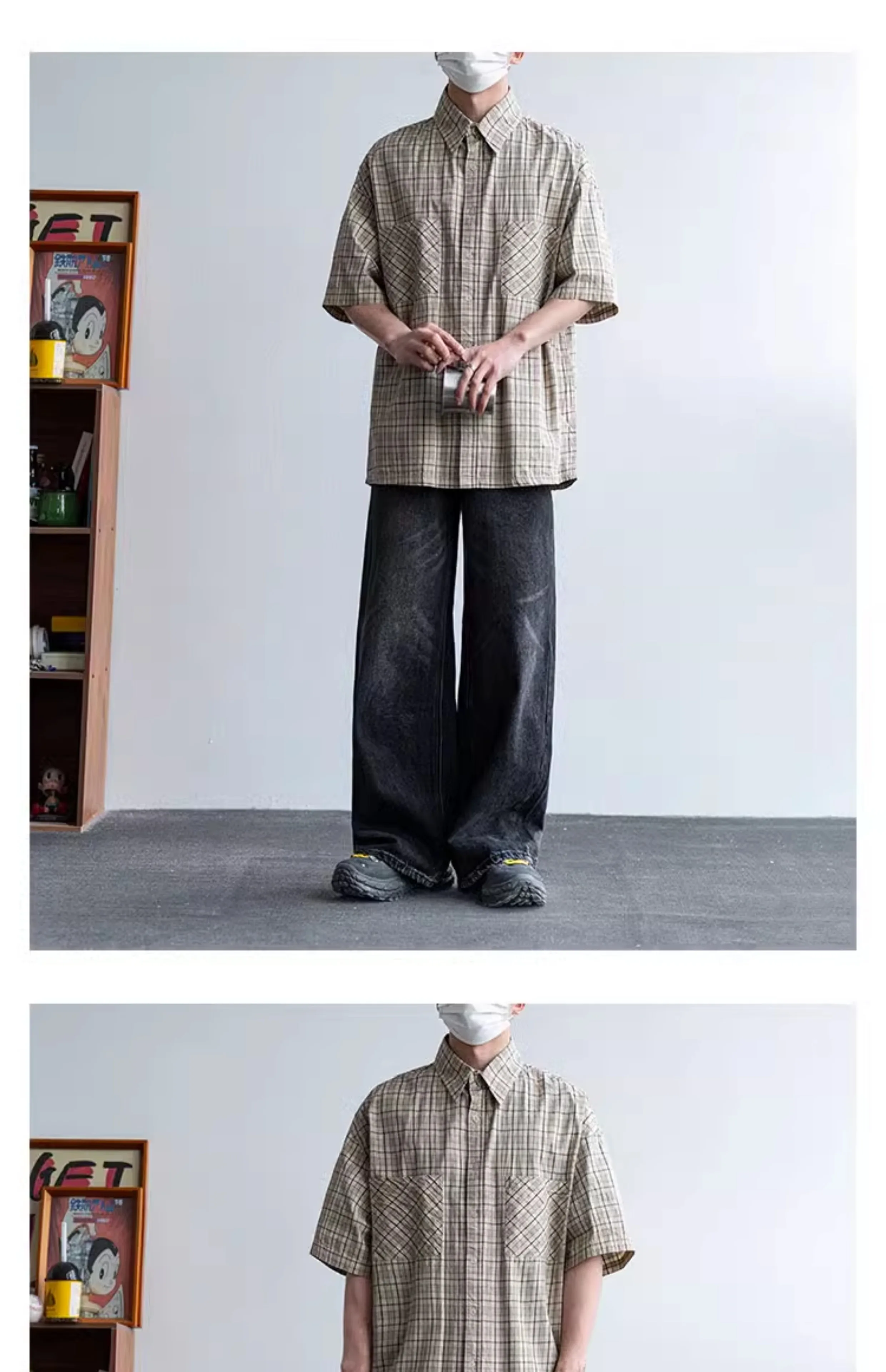 Summer Men Streetwear Fashion Vintage Pure Cotton Plaid Loose Casual Oversize Short Sleeve Cargo Shirt Cityboy Blouses