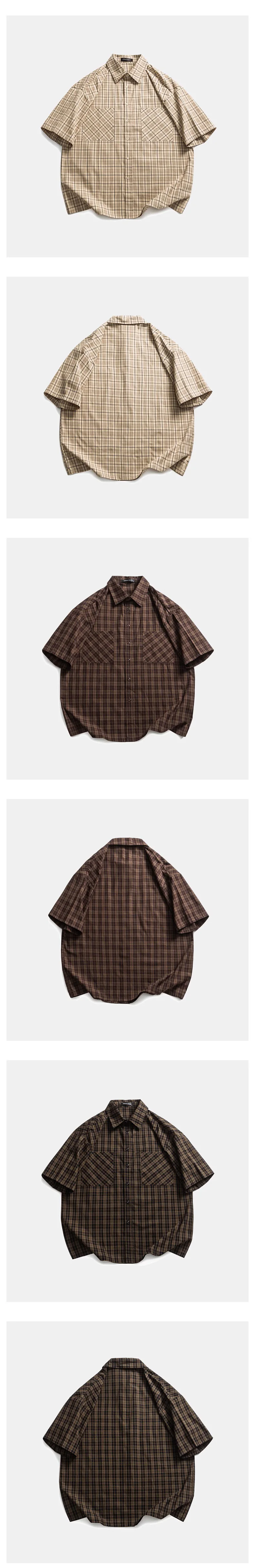 Summer Men Streetwear Fashion Vintage Pure Cotton Plaid Loose Casual Oversize Short Sleeve Cargo Shirt Cityboy Blouses