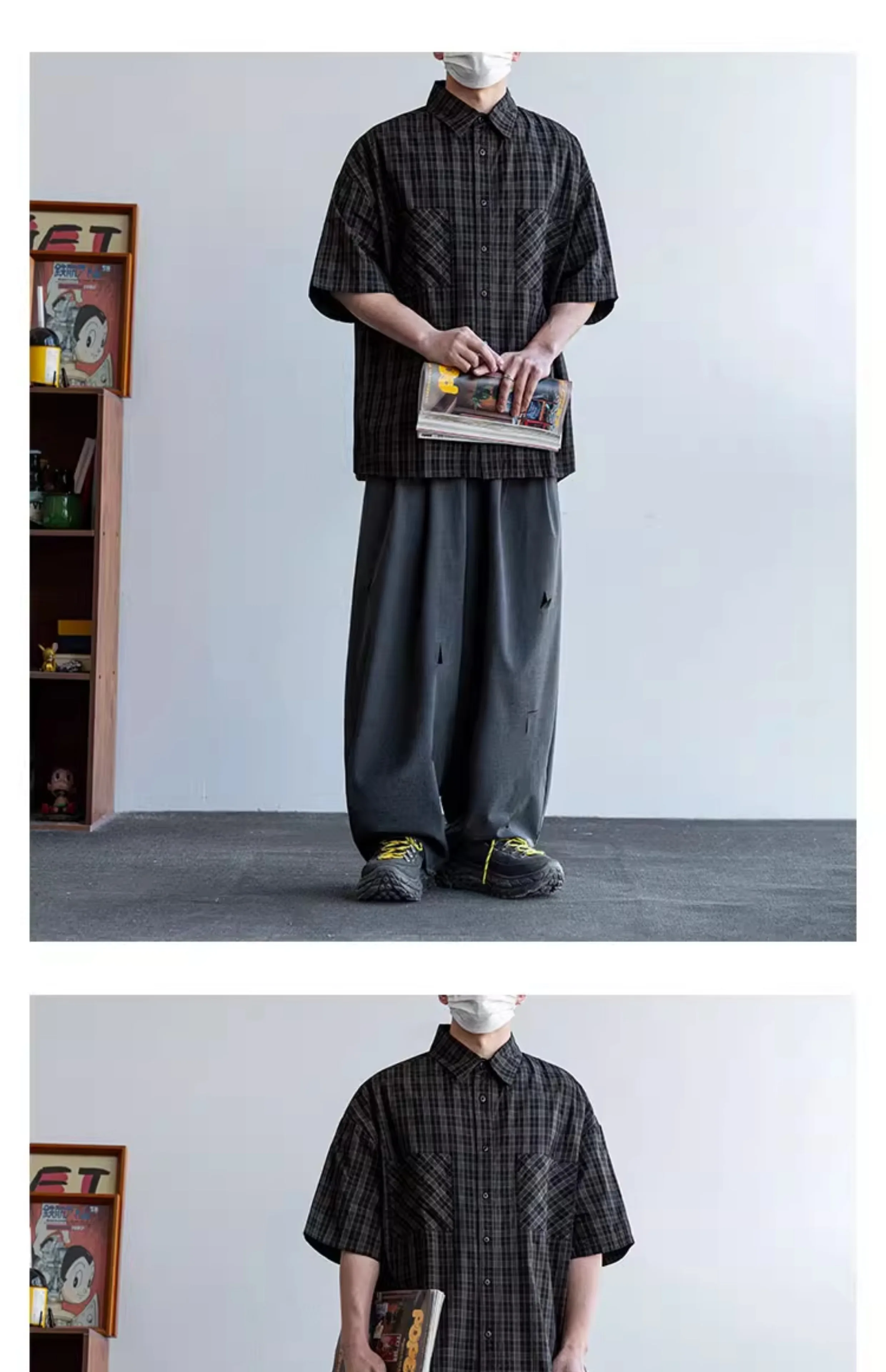 Summer Men Streetwear Fashion Vintage Pure Cotton Plaid Loose Casual Oversize Short Sleeve Cargo Shirt Cityboy Blouses