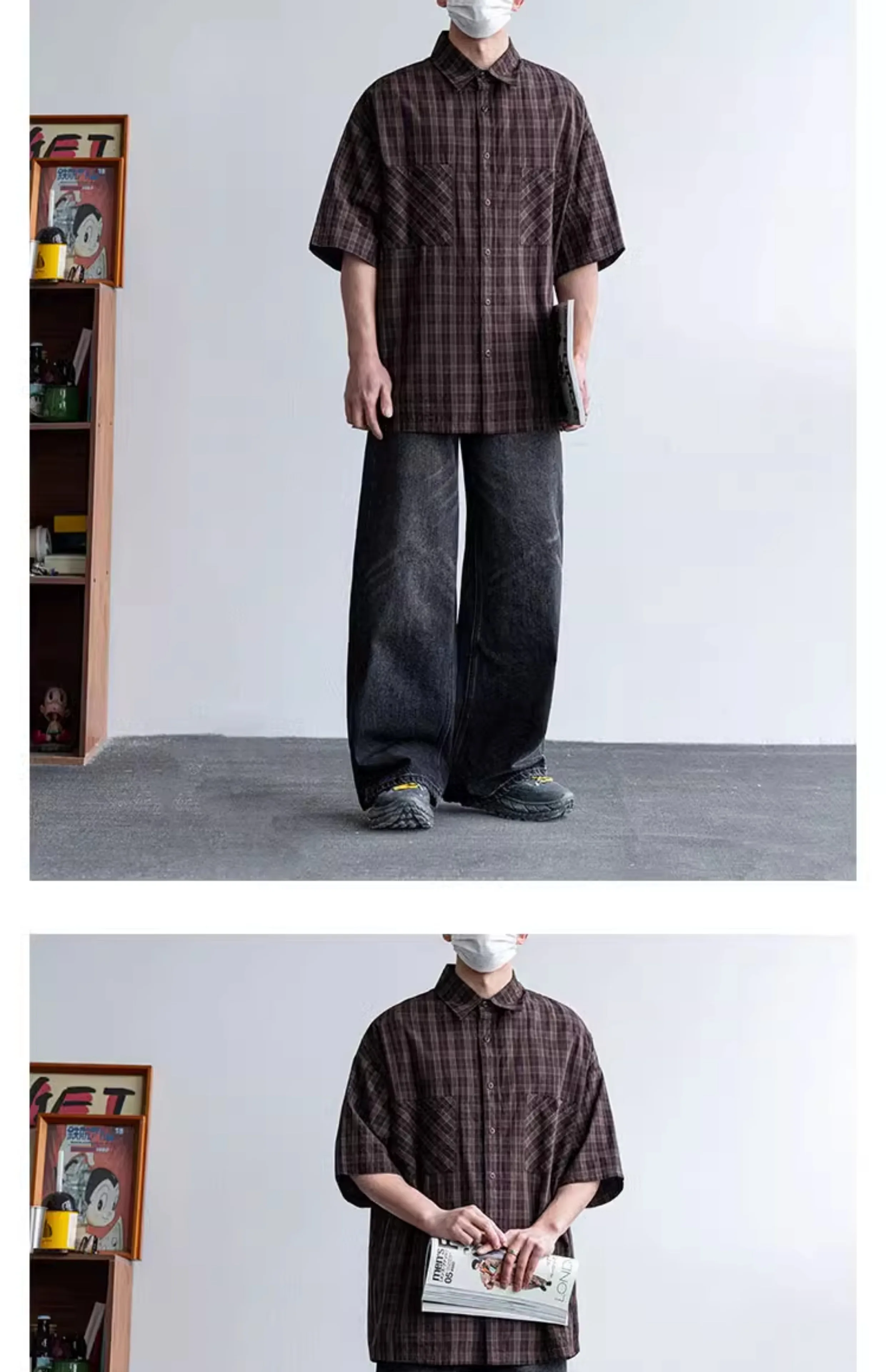 Summer Men Streetwear Fashion Vintage Pure Cotton Plaid Loose Casual Oversize Short Sleeve Cargo Shirt Cityboy Blouses